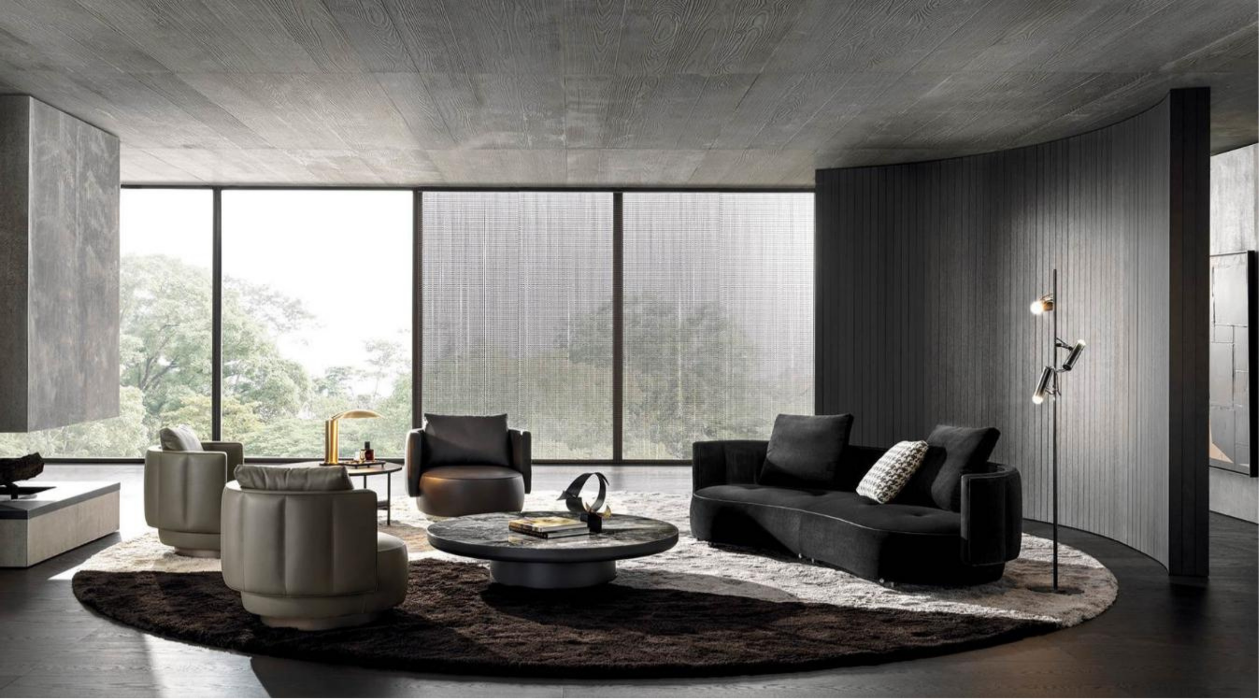 Modern living room with large floor-to-ceiling windows, black and white furniture, a round marble coffee table, and a dark accent wall.
