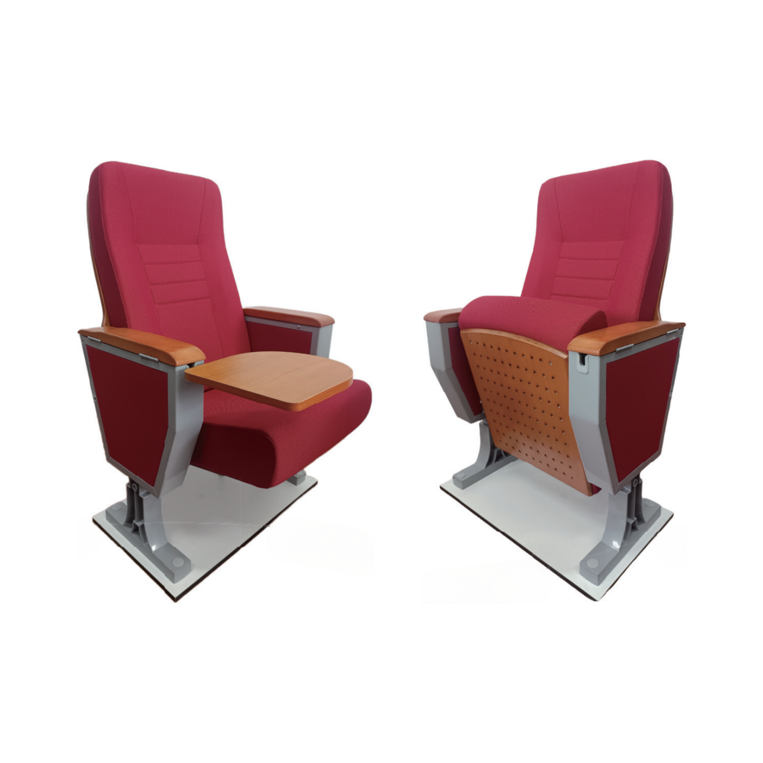 Two red theater or auditorium seats with wooden armrests and a small round wooden table between them, set against a white background.