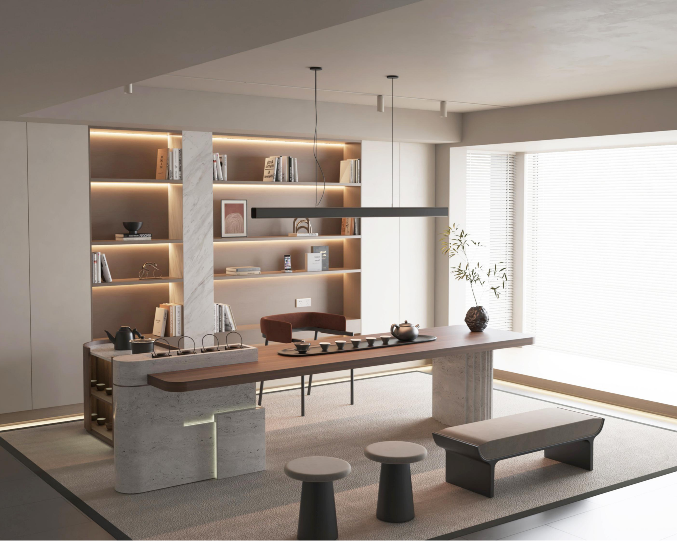 Modern minimalist living room with light-colored furniture, bookshelf, large window with blinds, and neutral decor.
