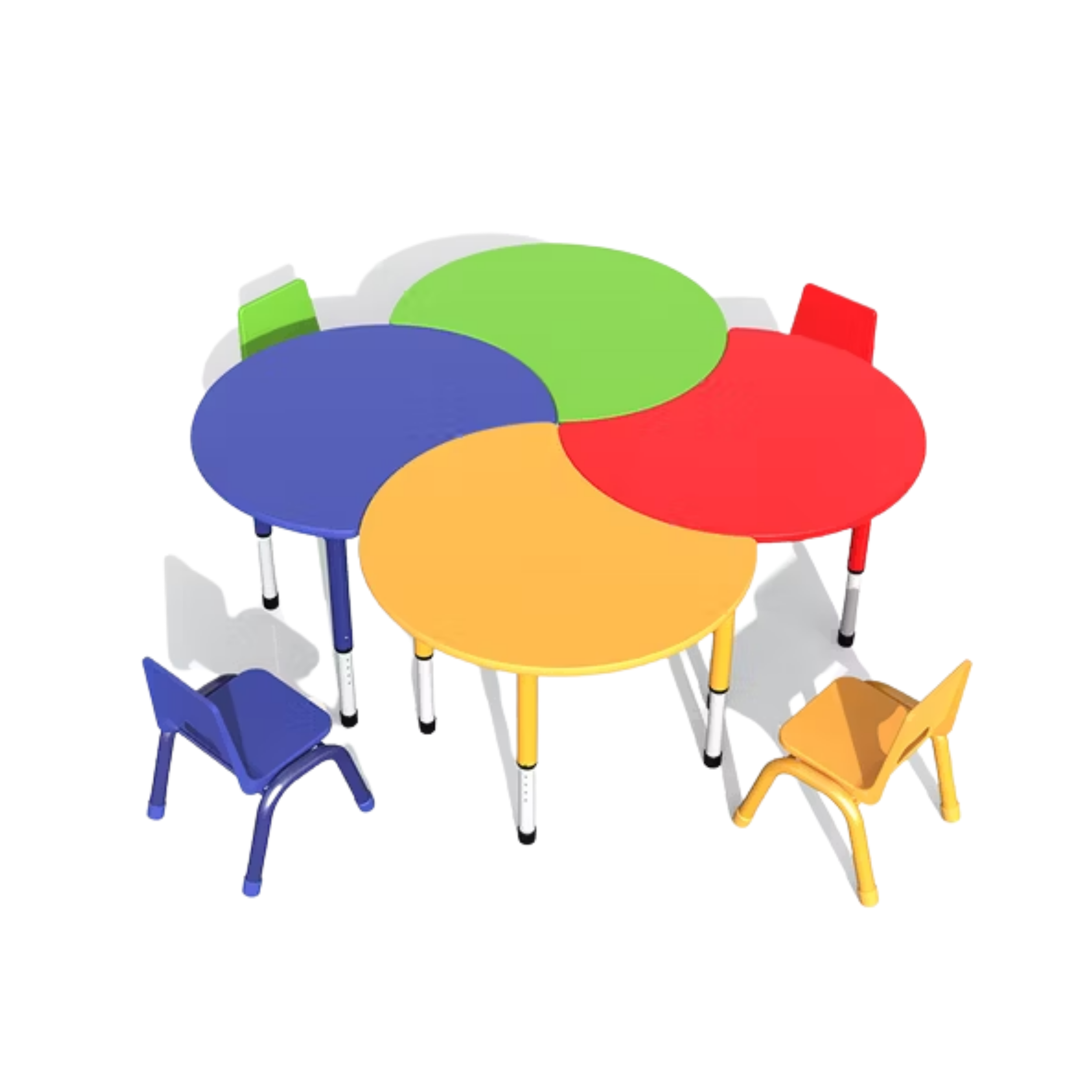 Colorful children’s table with attached chairs in blue, yellow, green, red, and orange, shown from above against a plain white background.