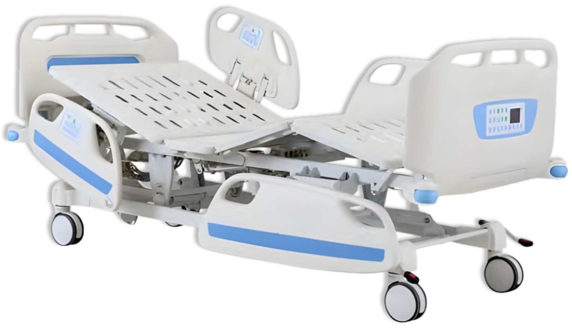 Hospital bed with a digital monitor, adjustable side rails, and wheels for mobility.