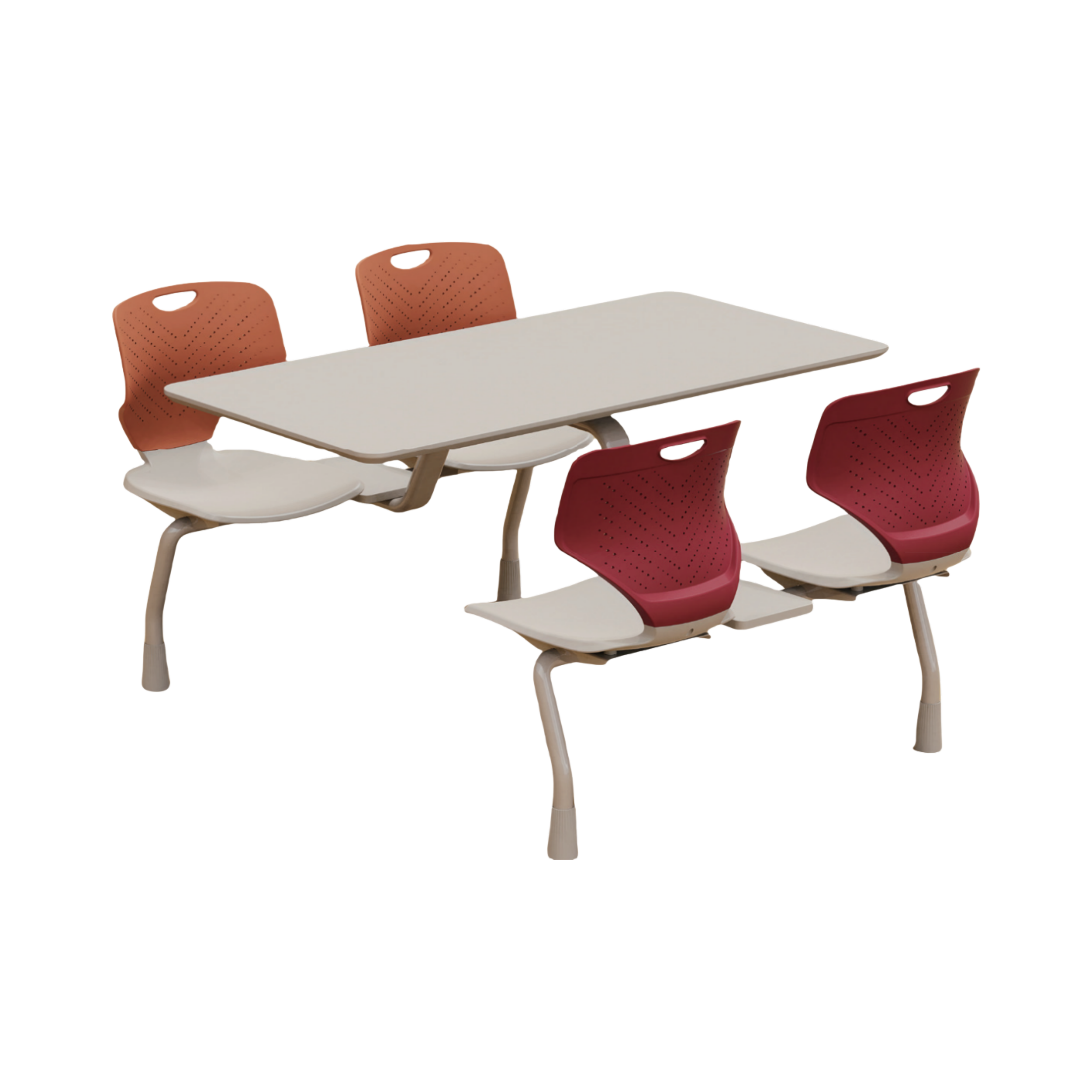 Empty classroom with a white rectangular table and six pink chairs around it, set against a plain black background.