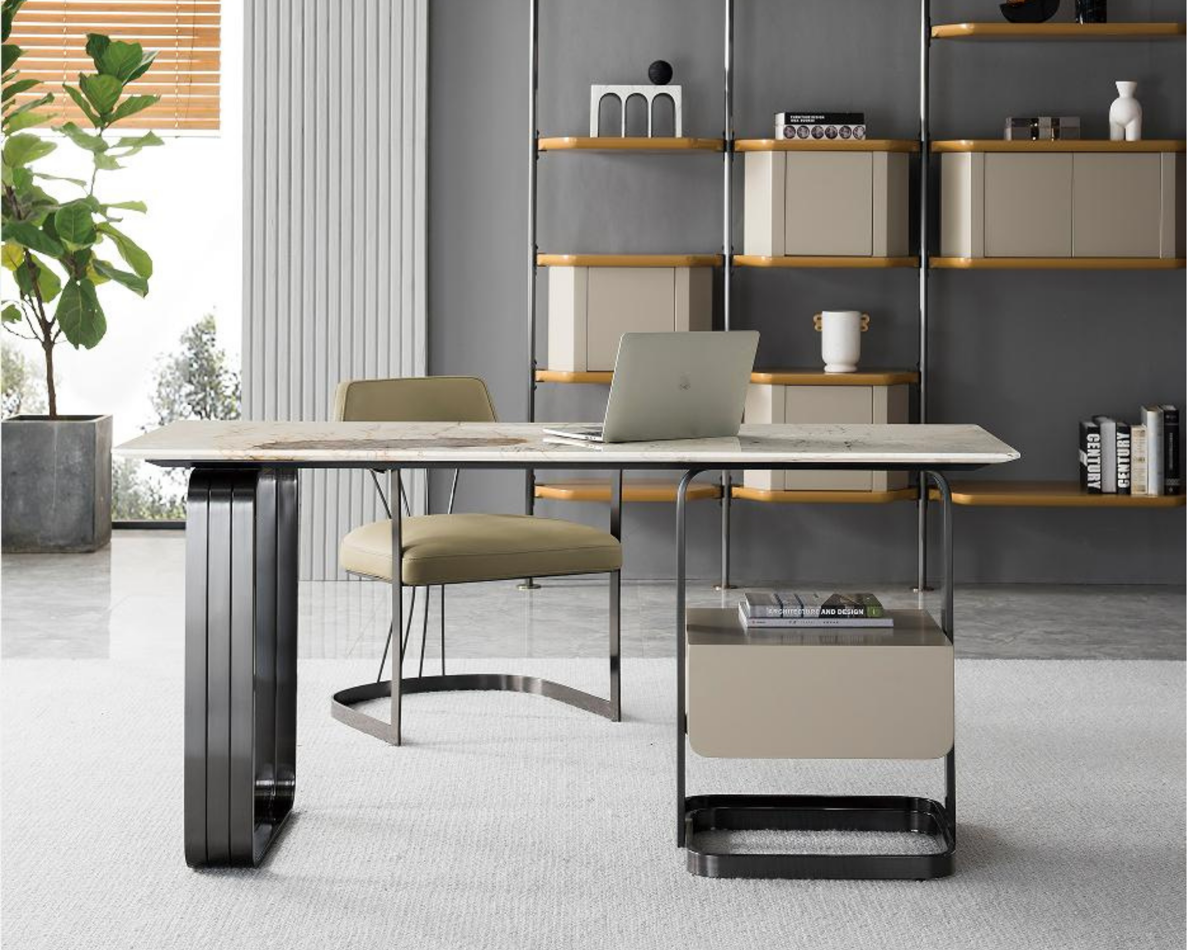 Modern workspace with a white marble desk, beige chair, gray wall, black and wooden shelving, a laptop, decorative vases, books, and a large potted plant near window blinds.