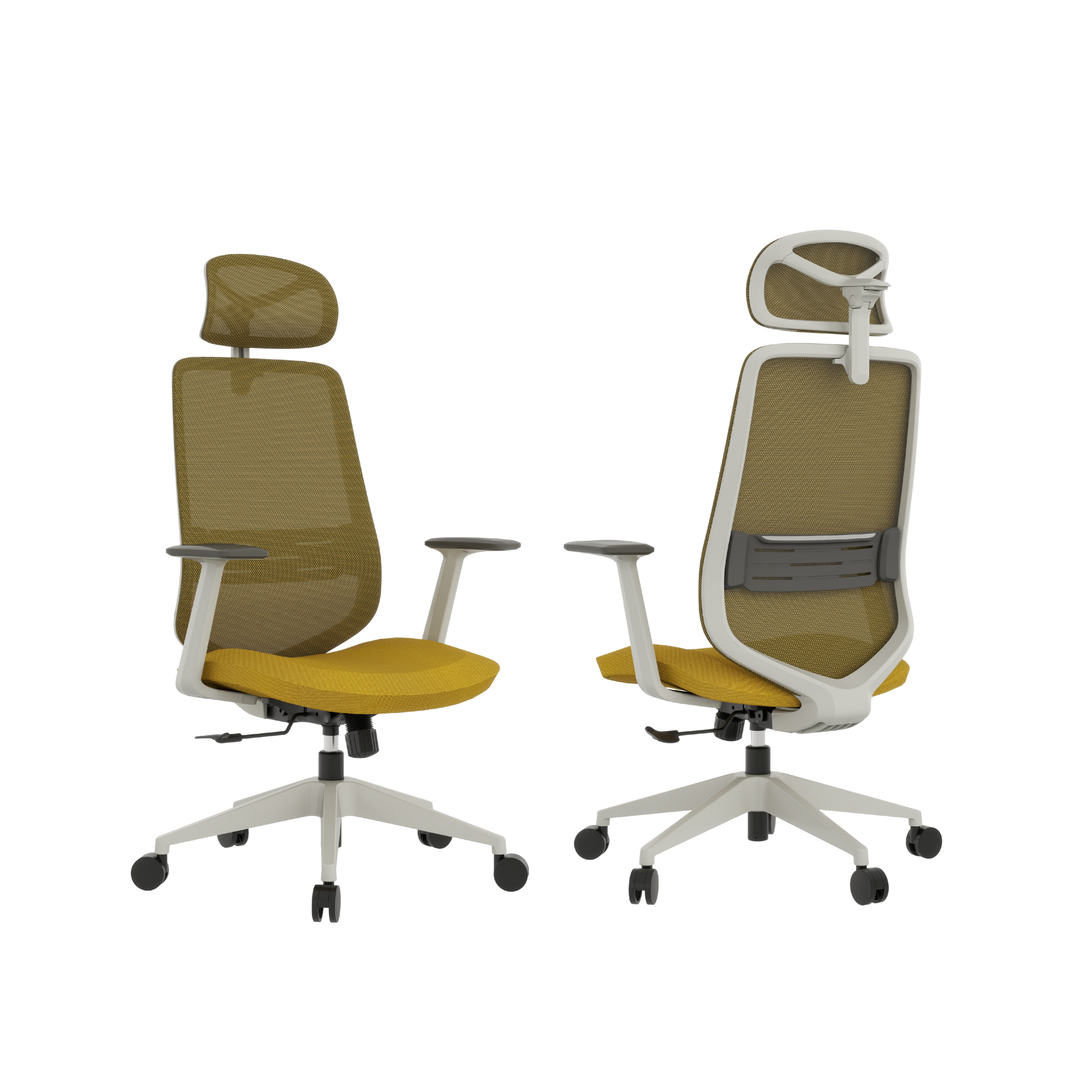 A set of five beige office chairs with mesh backs and armrests arranged around a conference table.