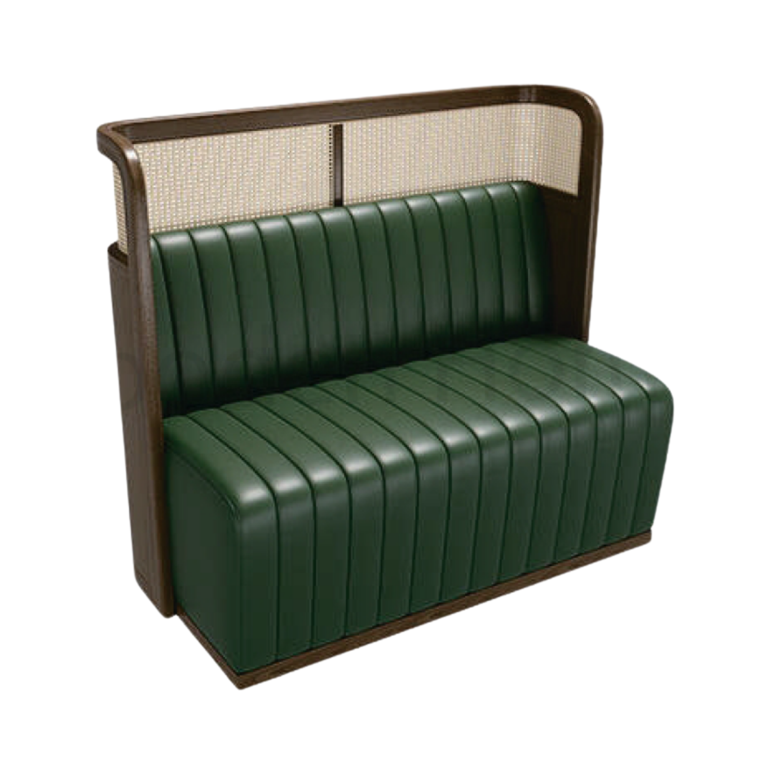 A vintage booth-style bench with a green pleated leather seat, a wooden frame, and a woven cane backrest.