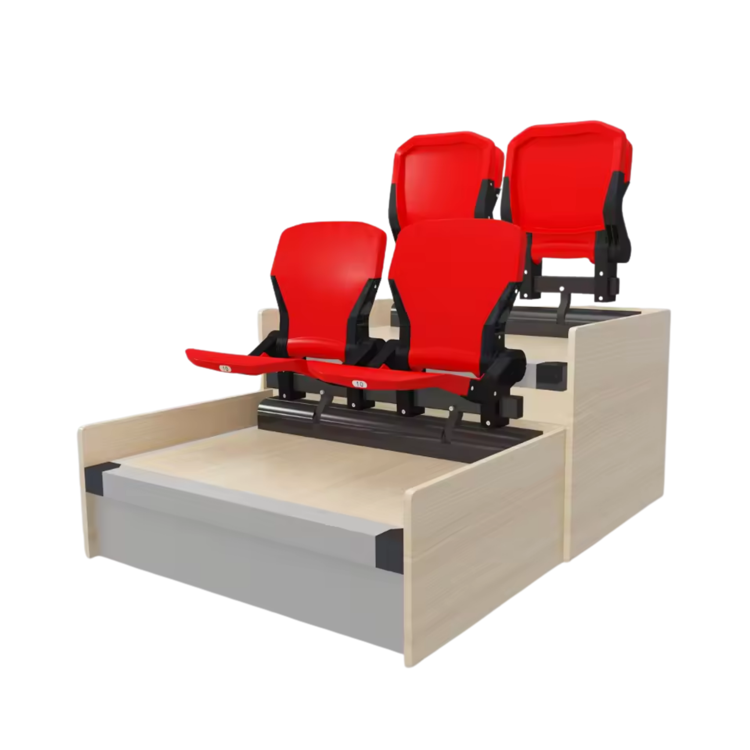 Row of red theater seats with black armrests on a light-colored wooden platform.
