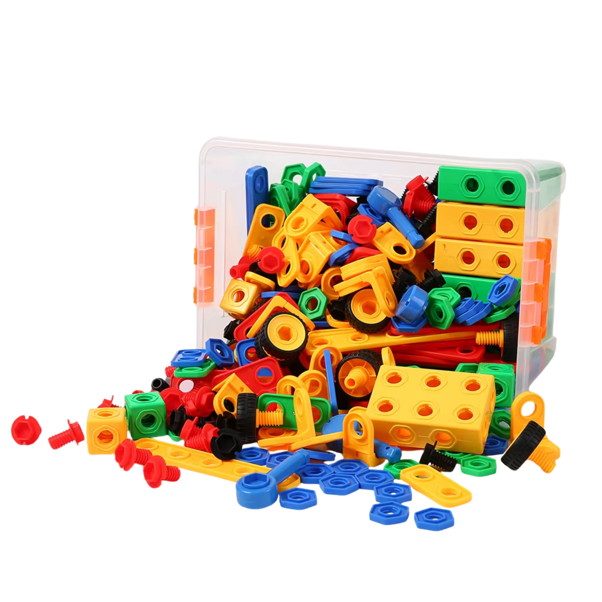 Colorful plastic construction pieces in a clear storage container.