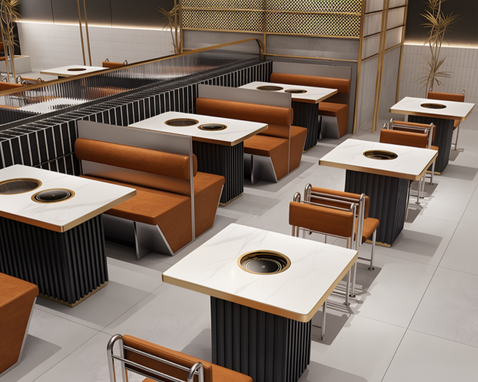 Empty restaurant with booths and tables featuring built-in hot plates for cooking.
