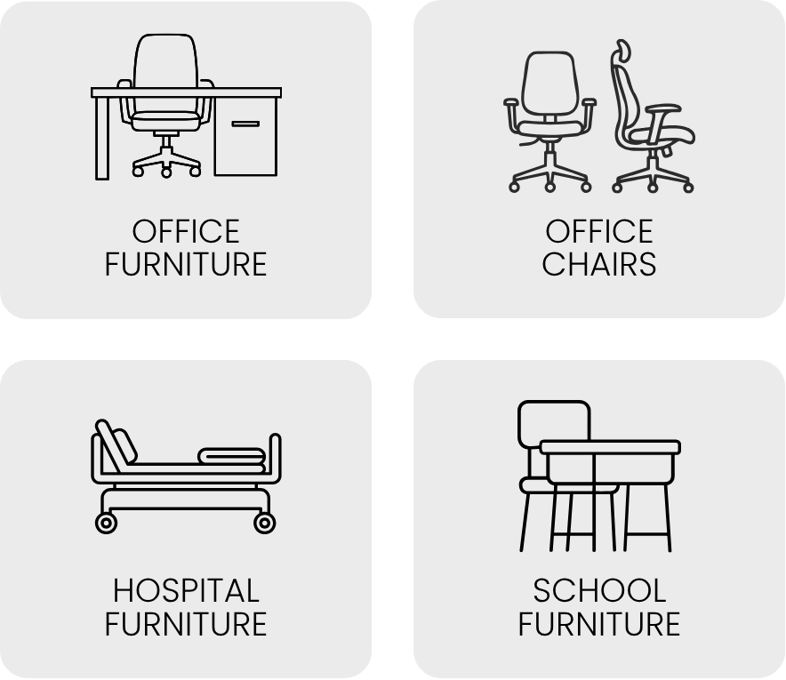 Grid showing four types of furniture: an office desk with a chair and filing cabinet, two office chairs, a hospital bed, and two school desks with chairs.