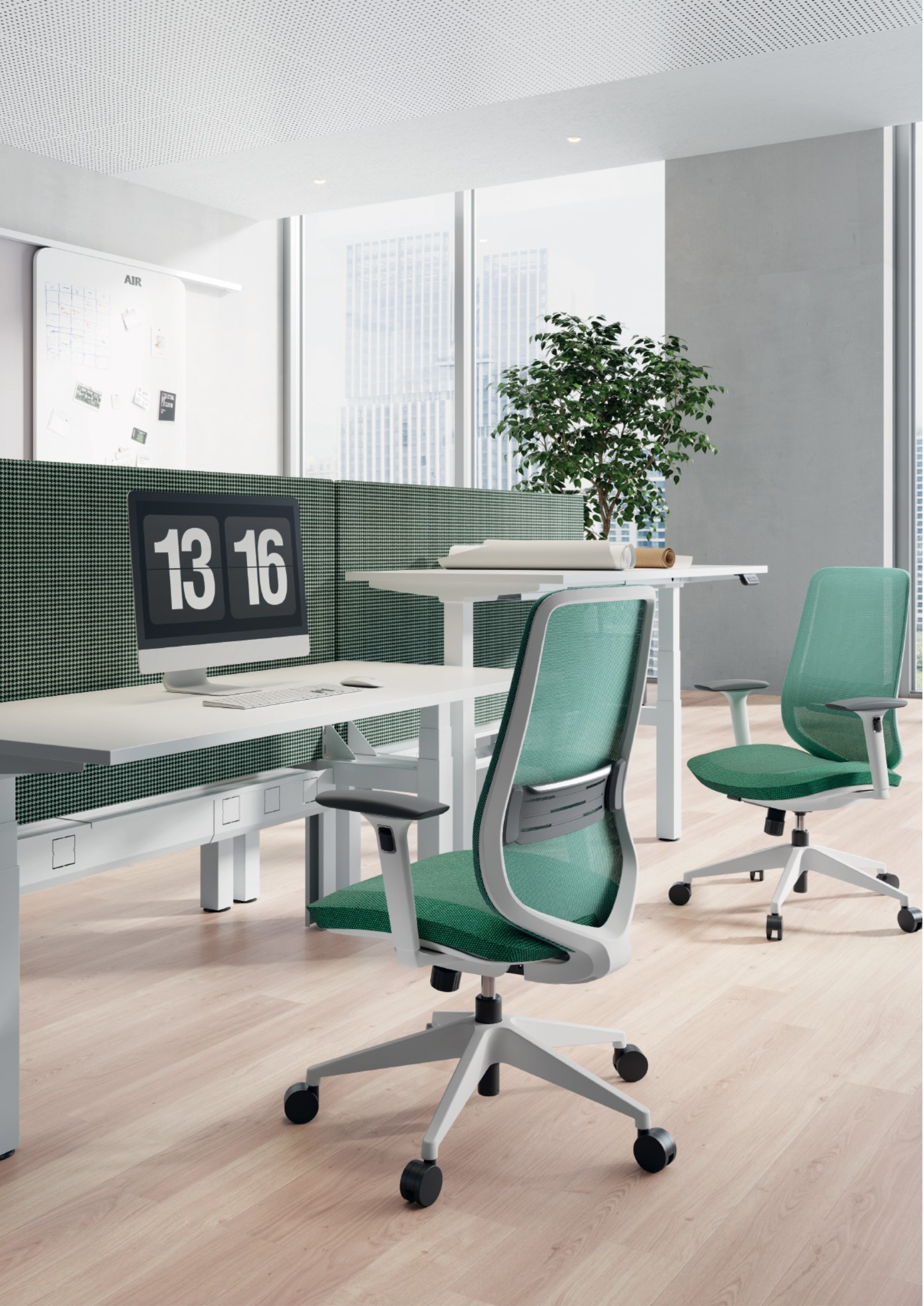 Modern office space with ergonomic green mesh chairs, white desks, glass windows showing city buildings, an office plant, and a whiteboard.