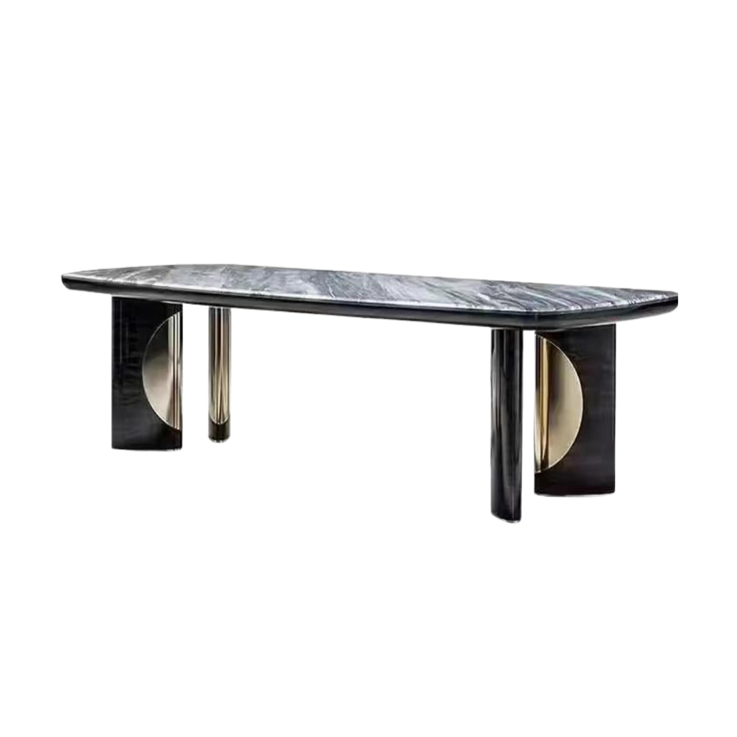 Close-up of a sleek, modern, black and gray marble coffee table with gold-colored metal legs.