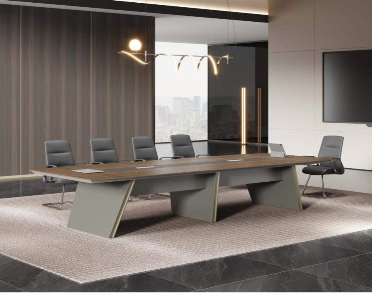 Modern conference room with a large wooden table, six gray chairs, a wall-mounted television, and a city view through large windows, with contemporary lighting fixtures.