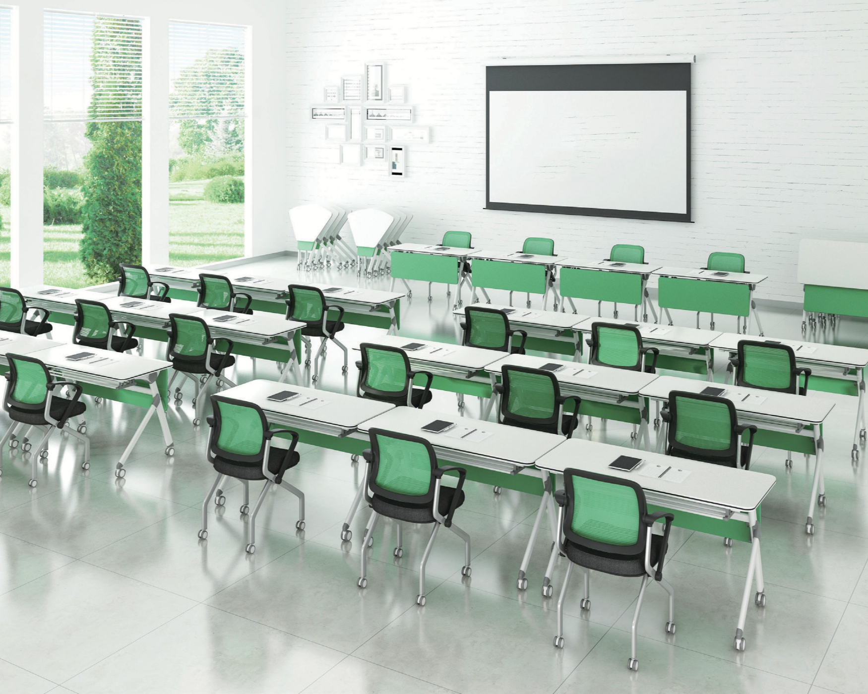 A modern classroom with green chairs and white desks arranged in rows, a large white projector screen on the wall, and large windows showing a green outdoor landscape.