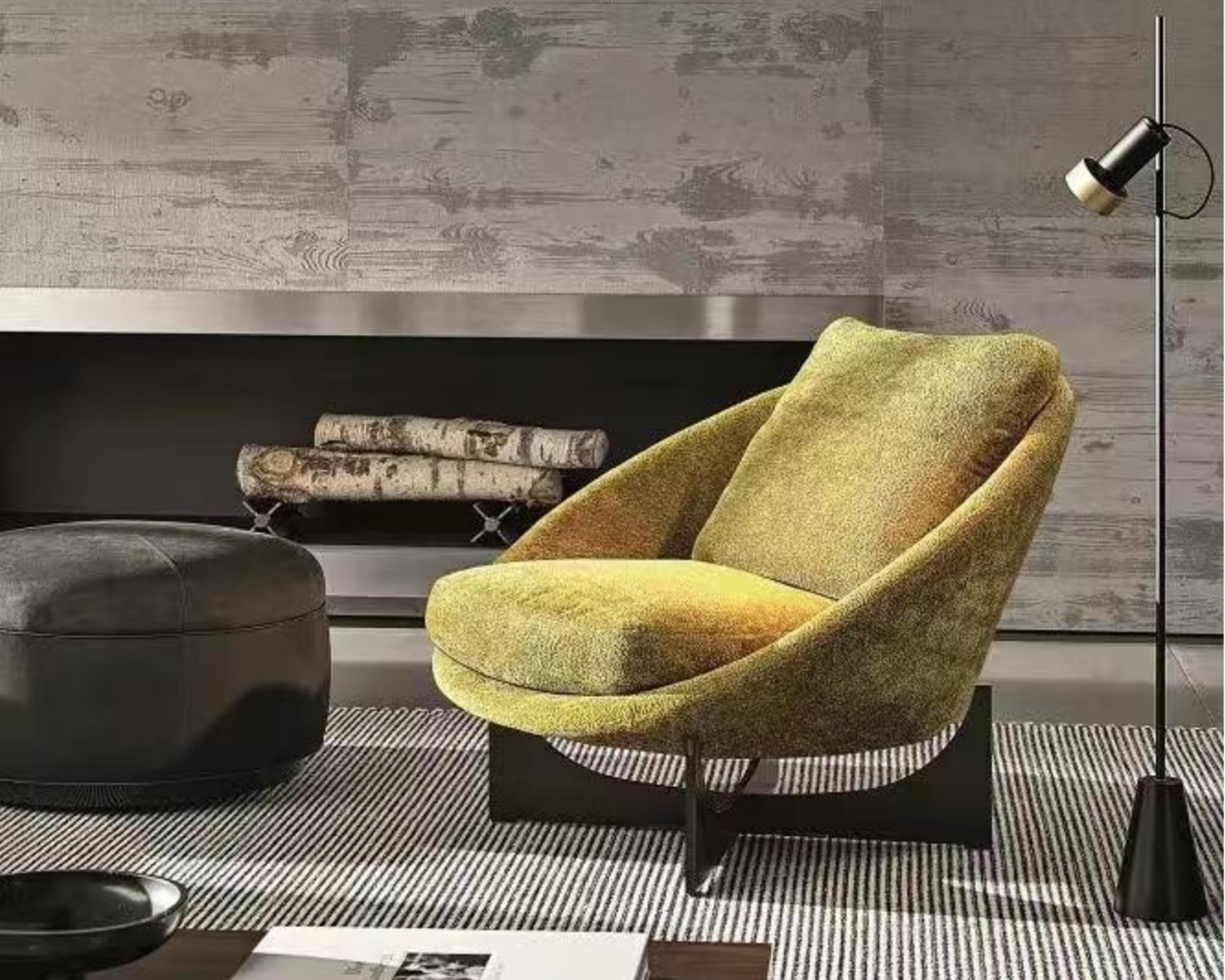 Interior room with a modern yellow lounge chair, a black ottoman, a striped rug, a wooden wall, a floor lamp, and a small side table with birch logs.