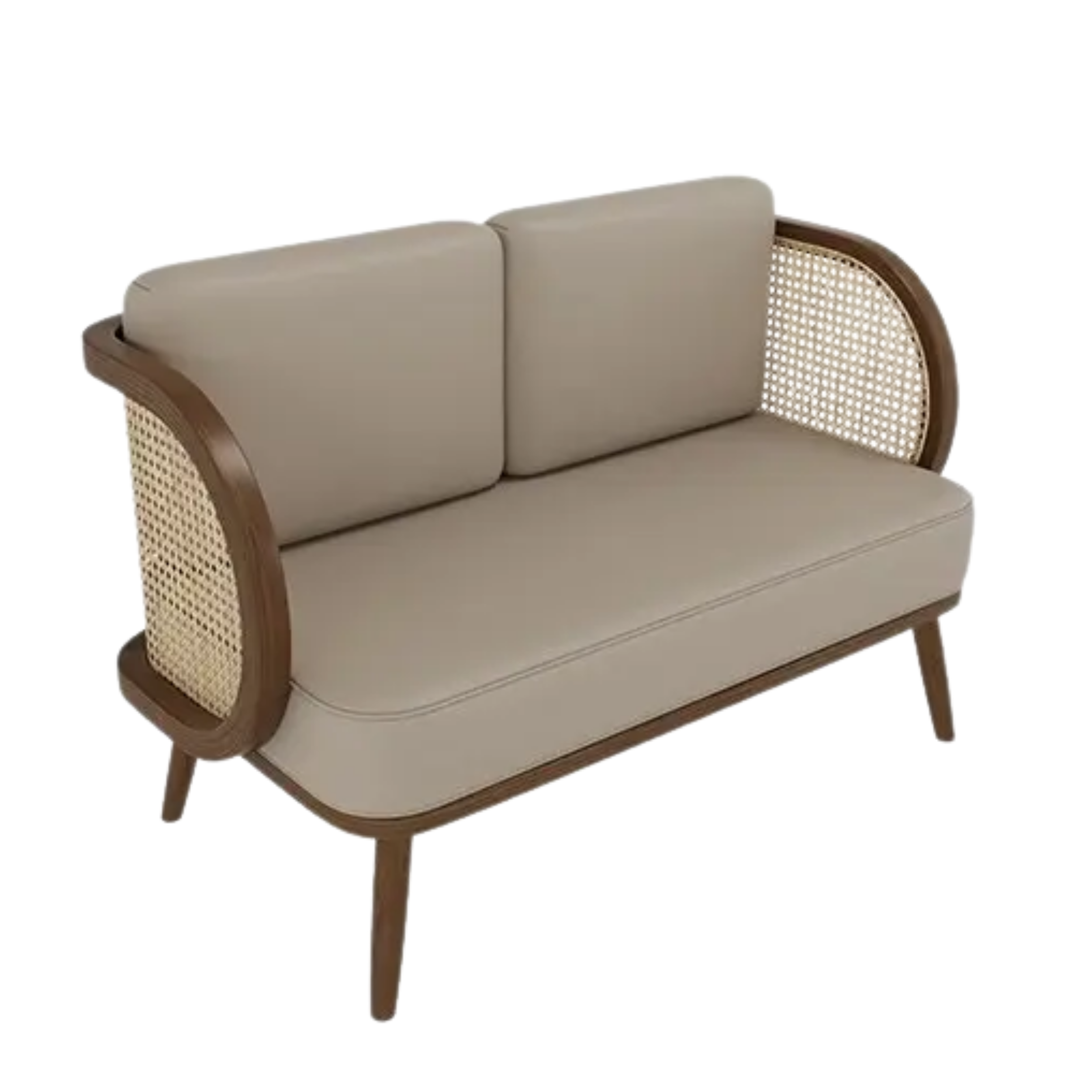 A second-hand beige fabric loveseat with wooden armrests and a cane backrest.