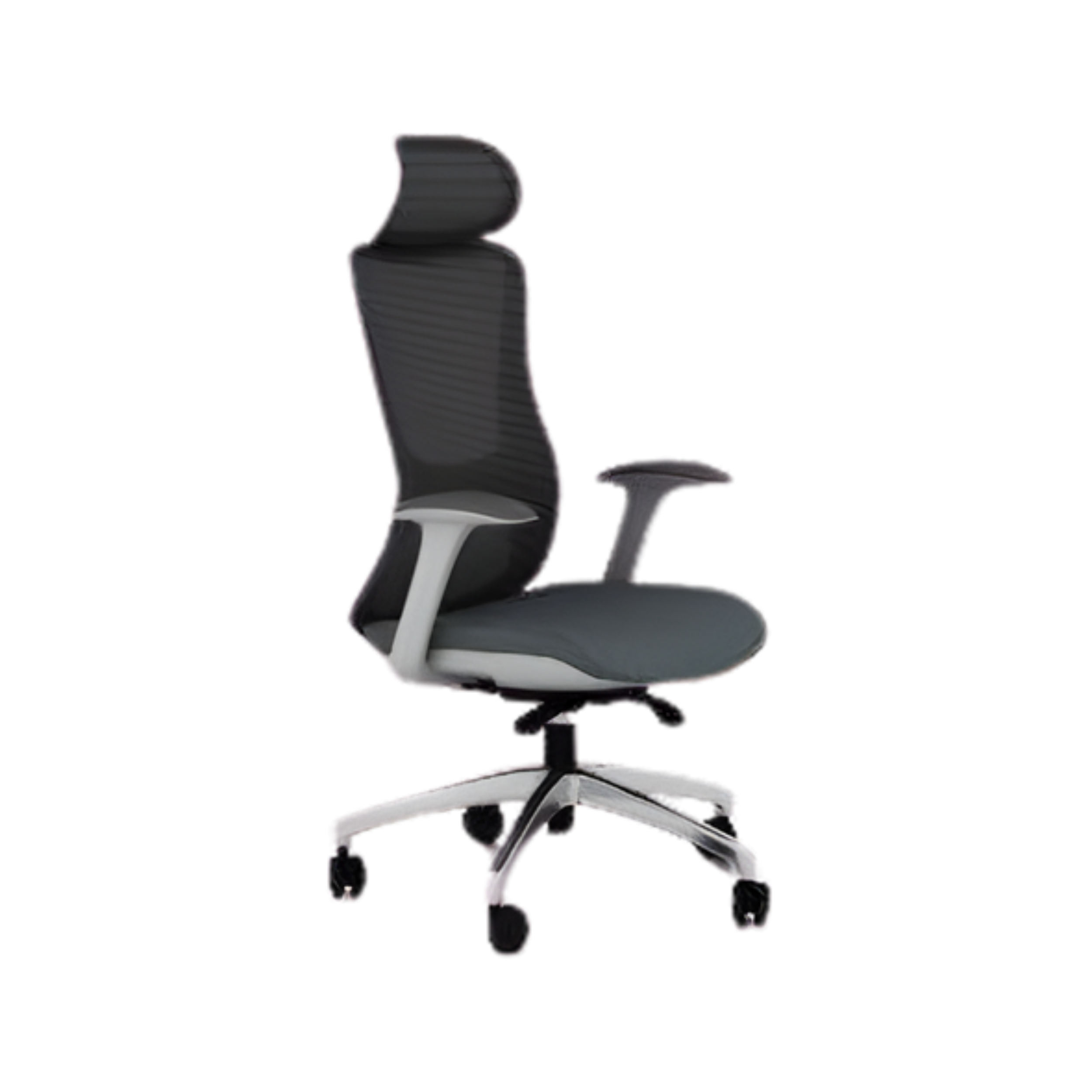A black office ergonomic chair with adjustable armrests, a high backrest, and a wheeled base.