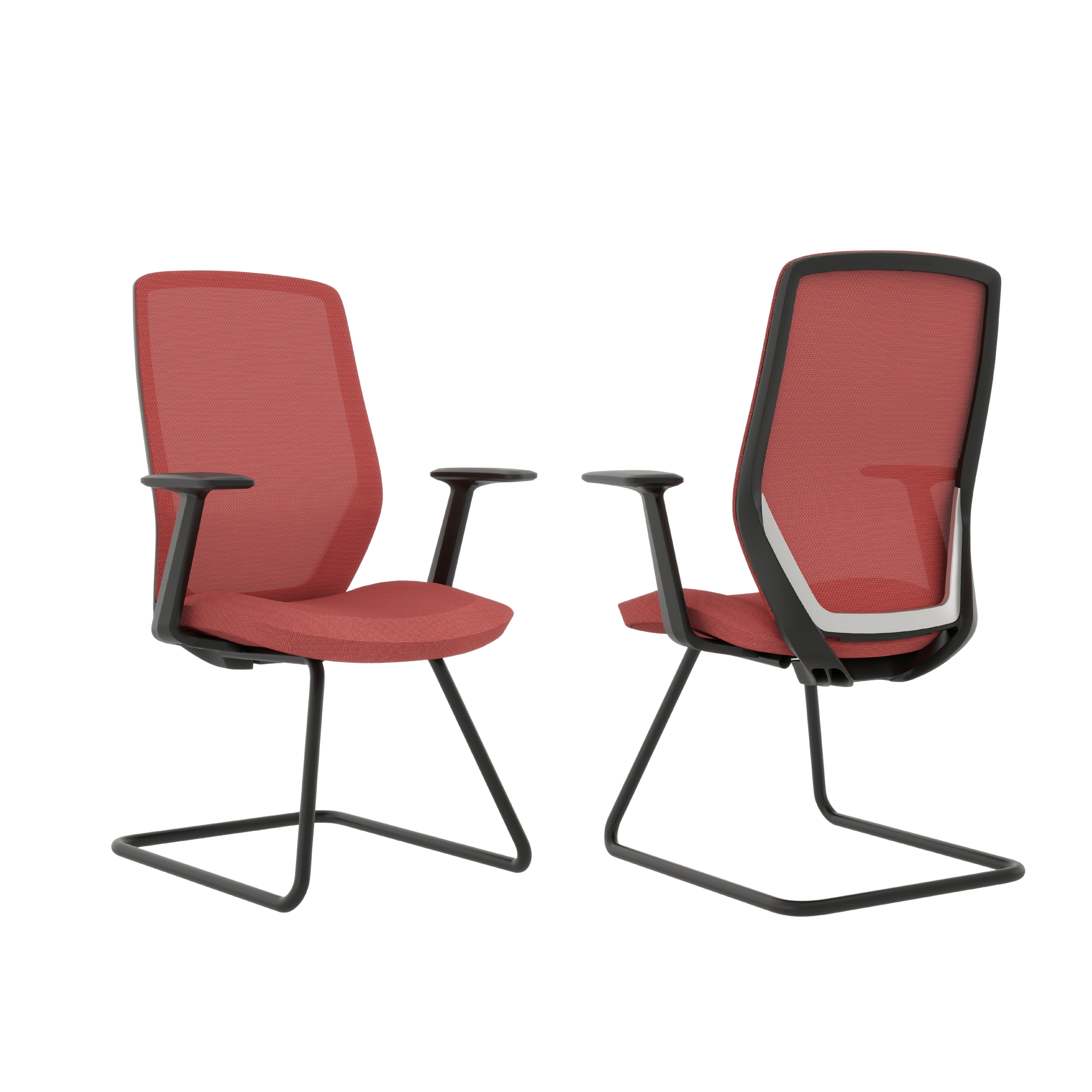 Two red office chairs with black and grey frames facing each other.