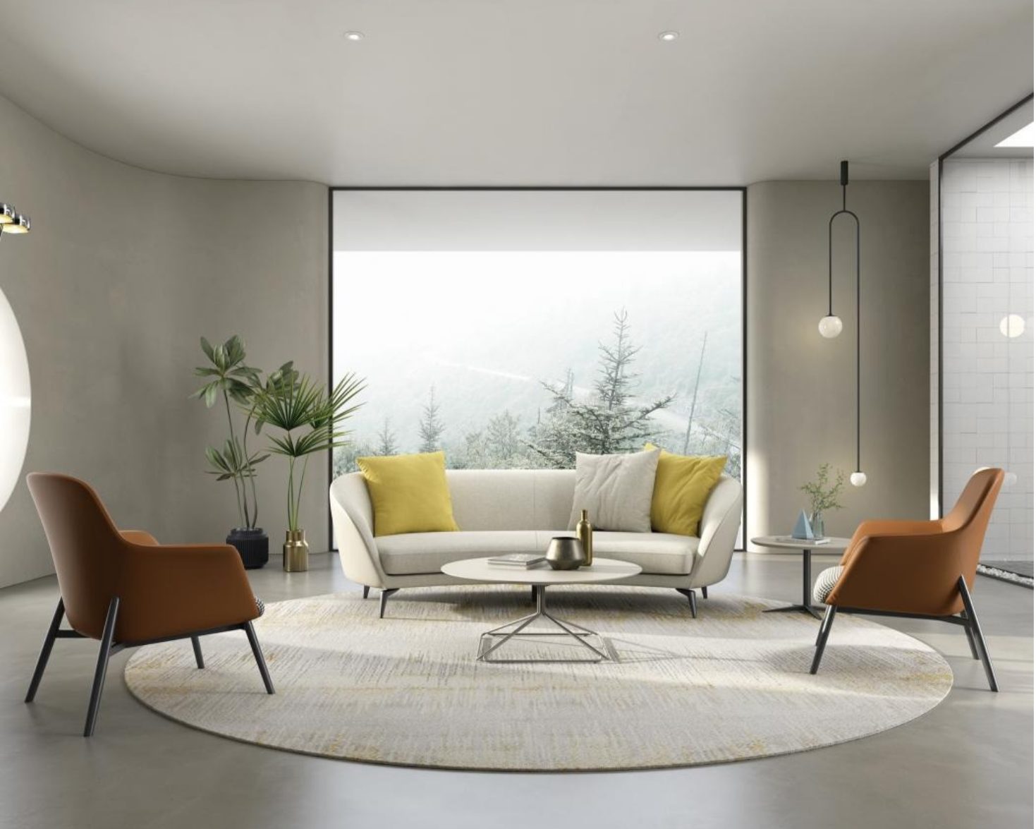 Modern living room with a large window showing snowy trees outside, white sofa with yellow and beige pillows, two orange armchairs, a round white coffee table with vases, a side table with a small plant, a large potted plant, and minimalistic lighting.