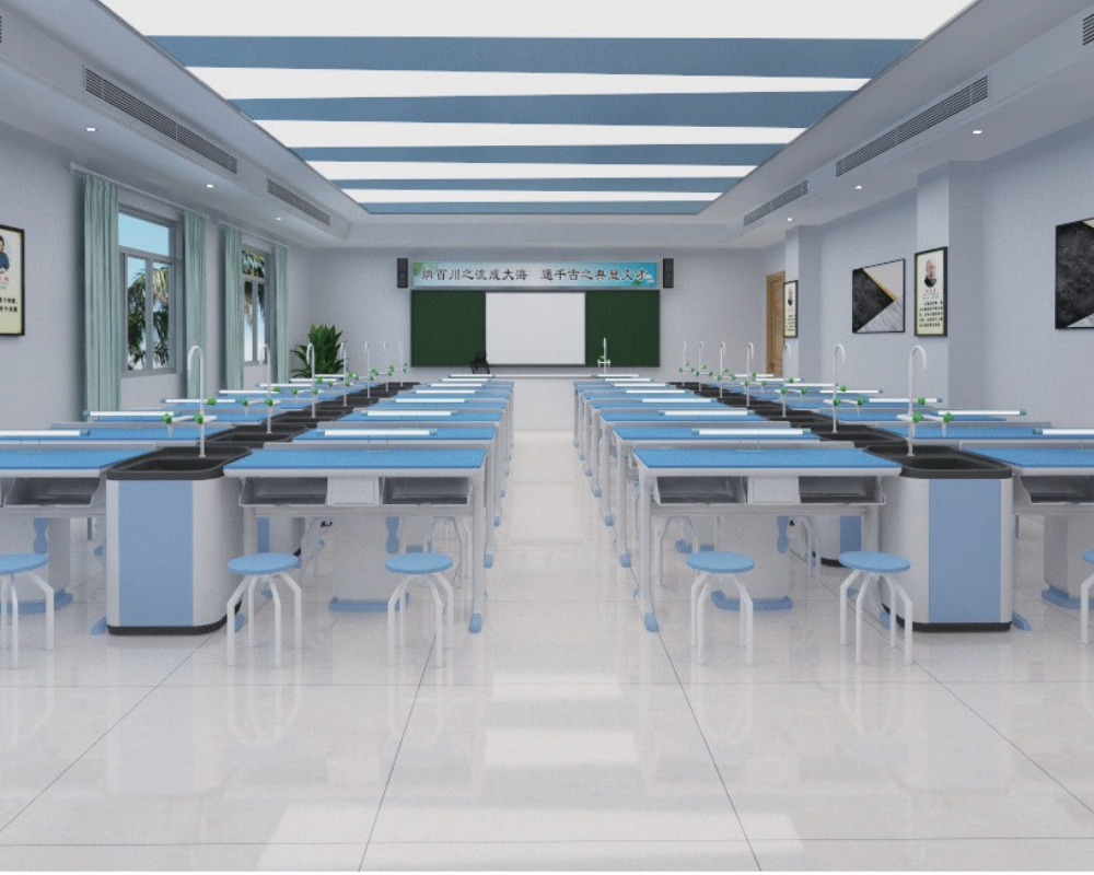 A modern science classroom with multiple lab stations, blue stools, and laboratory sinks, featuring large windows and a green chalkboard at the front.