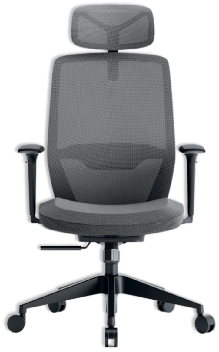 A black ergonomic office chair with a high mesh backrest, adjustable armrests, a cushioned seat, and a five-star wheeled base.