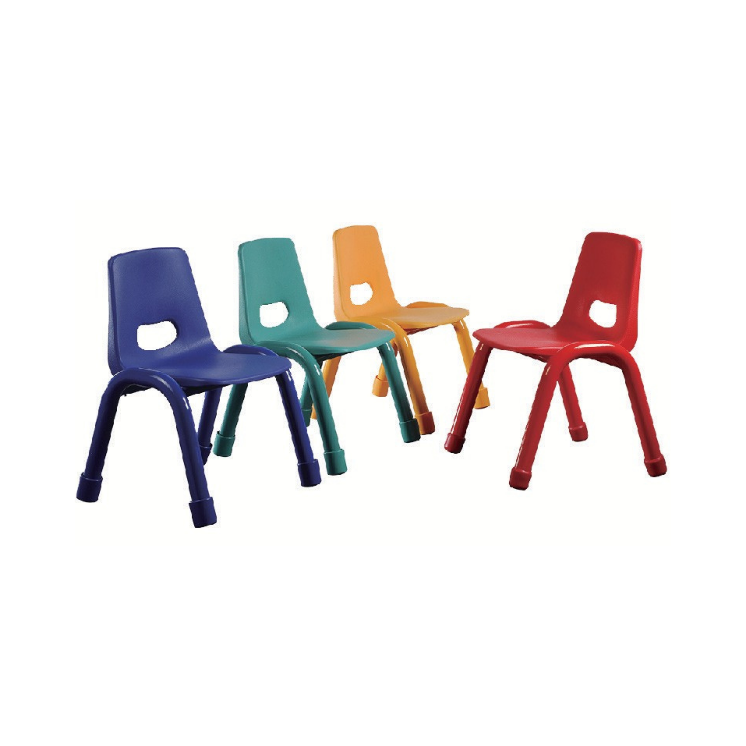 Five colorful chairs arranged in a row, each in a different color: blue, teal, yellow, orange, and red.