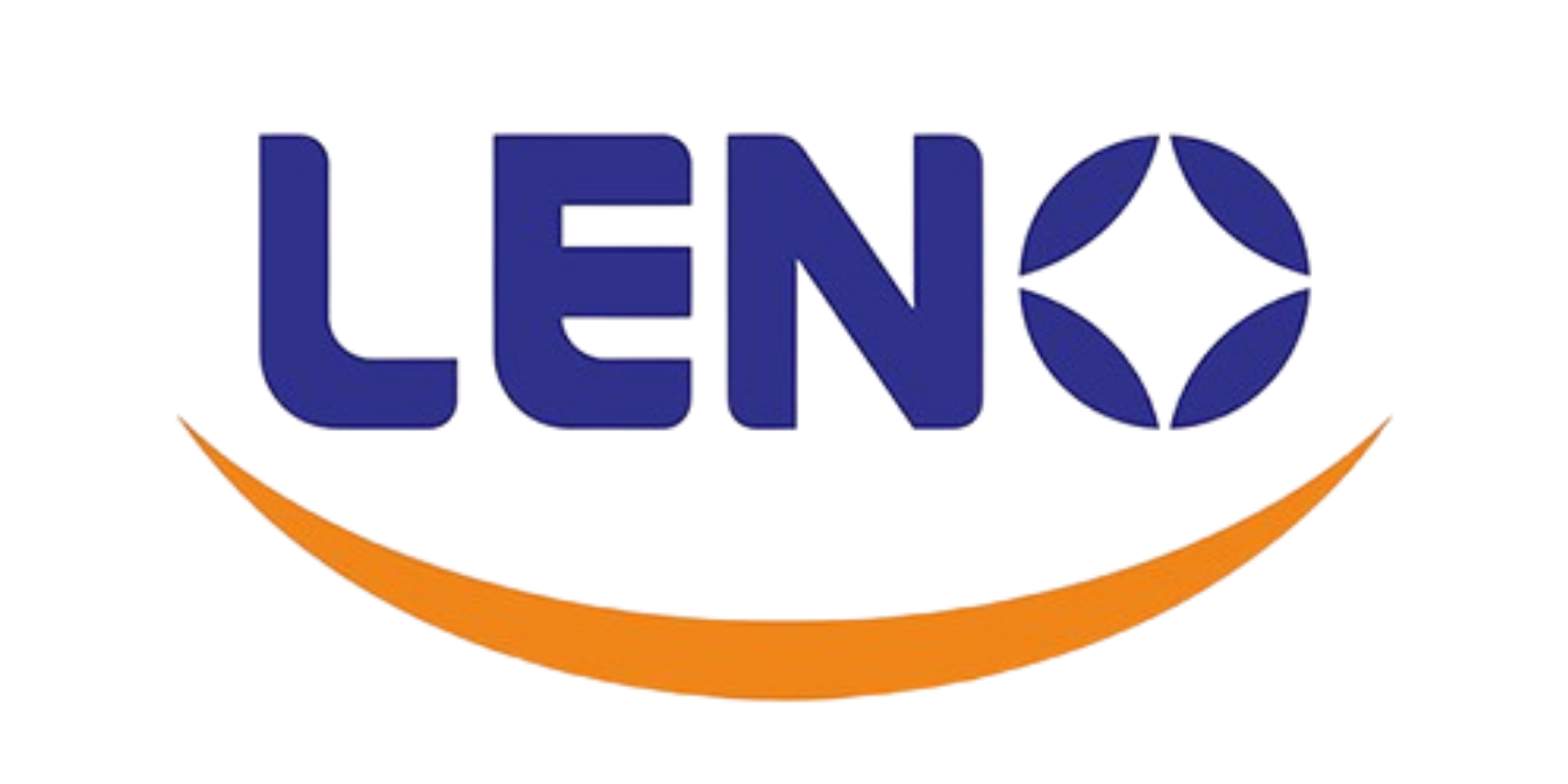 The logo of LEN, featuring the word 'LEN' in blue letters with a globe-like symbol made of four blue leaf shapes inside the letter 'O'. An orange curved line underneath, creating a smiling face effect.