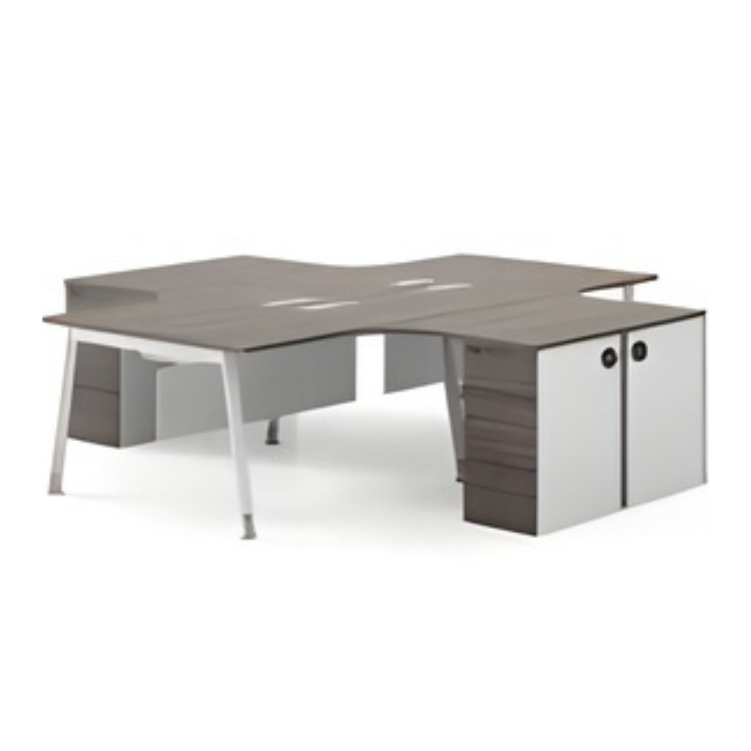A modern kitchen island with a gray countertop and white base cabinets, featuring a double oven and storage drawers.