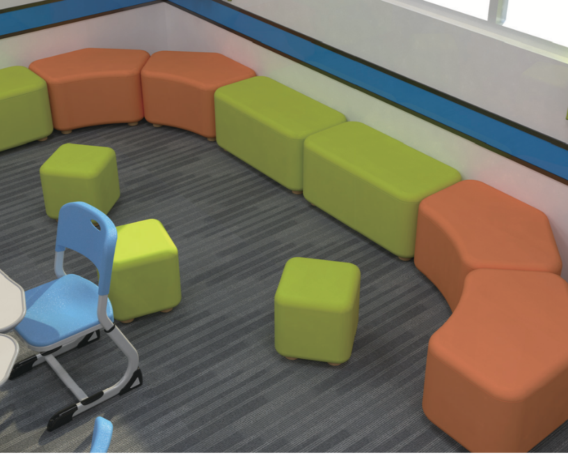 Colorful modular seating and a child-sized blue and green chair in a modern room with gray striped carpet.