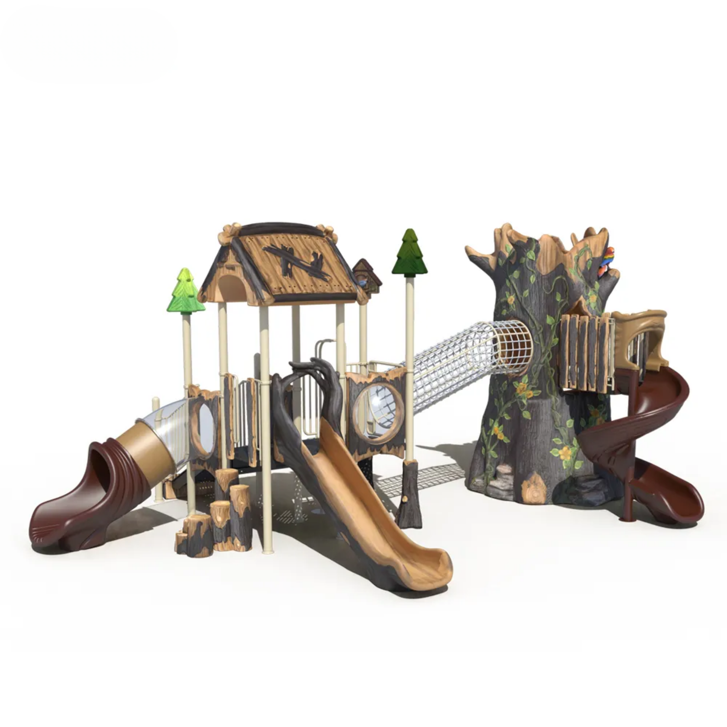 Children's playground set with slides, climbing structures, and trees, set against a white background.
