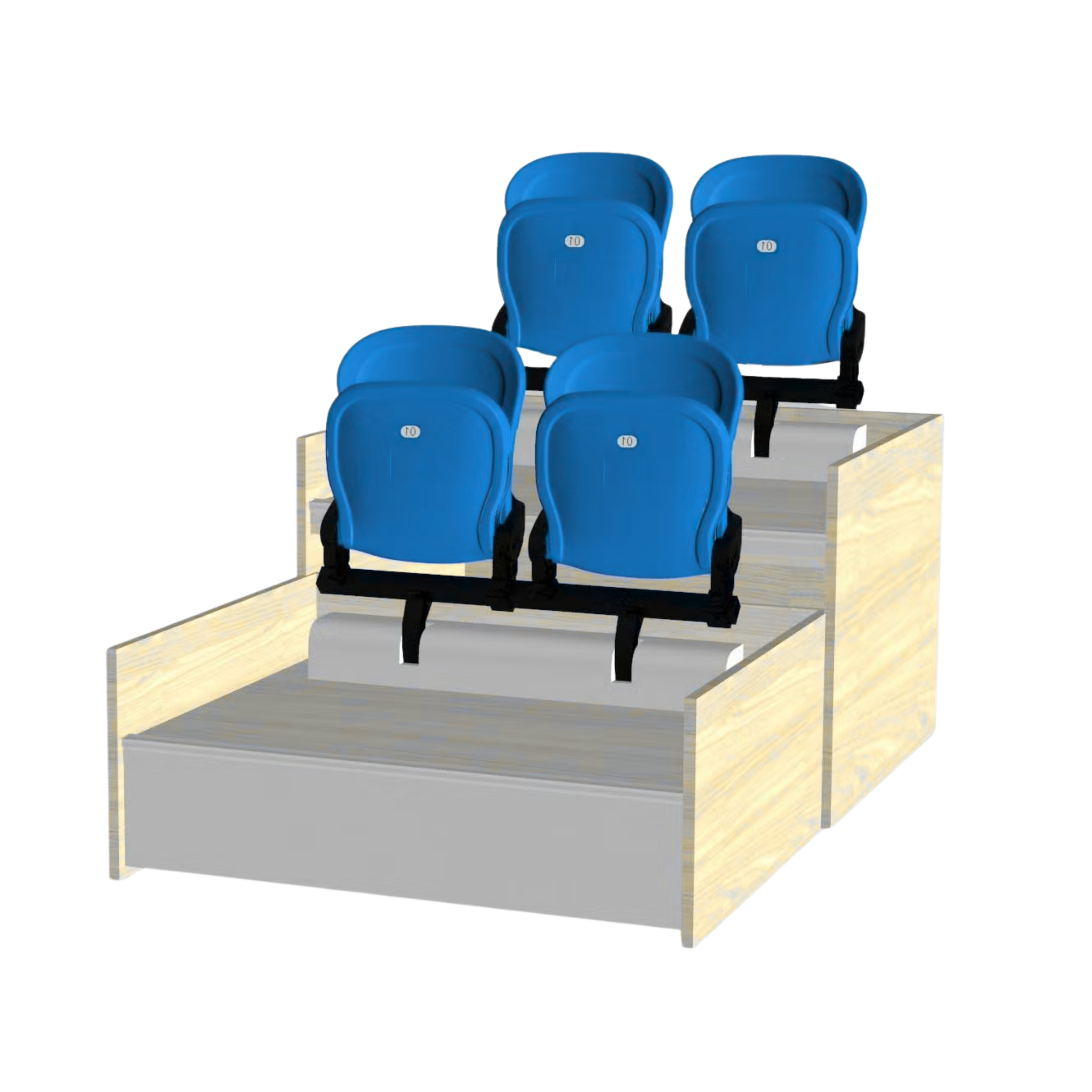 Blue stadium seats numbered 10 arranged in rows on a tiered platform.