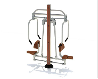 Outdoor gym equipment with two brown seats and handles for upper body exercises
