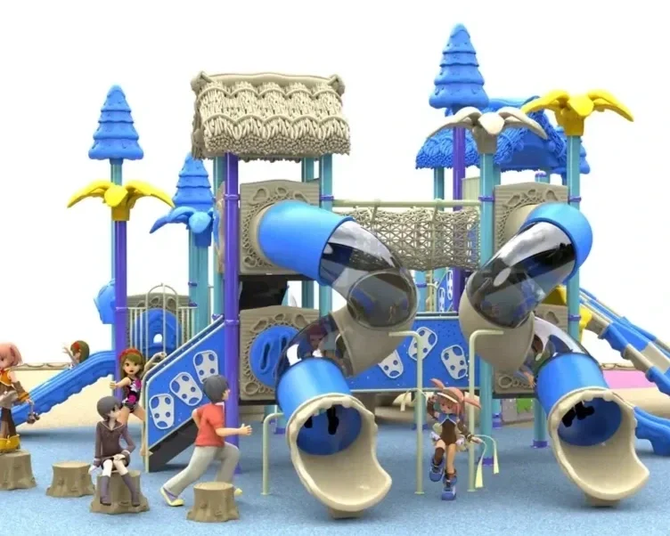 Colorful playground structure with multiple slides, towers with blue roofs, and children playing around.