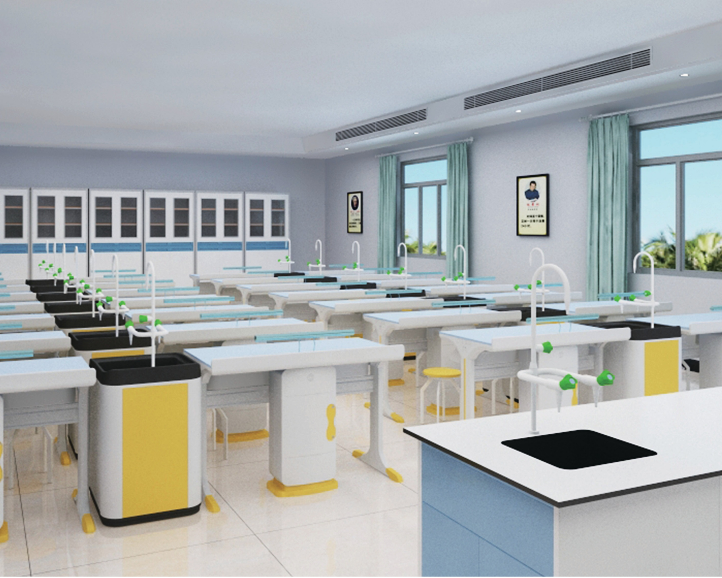 A classroom with numerous medical sinks and workstations, medical charts on the walls, large windows with curtains, and cabinets along one wall.