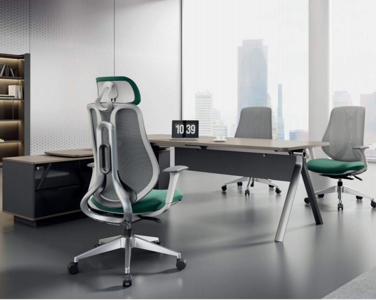 Modern office conference room with a large table, three office chairs with green cushions, and a digital clock showing 10:39, overlooking a city skyline through large windows.