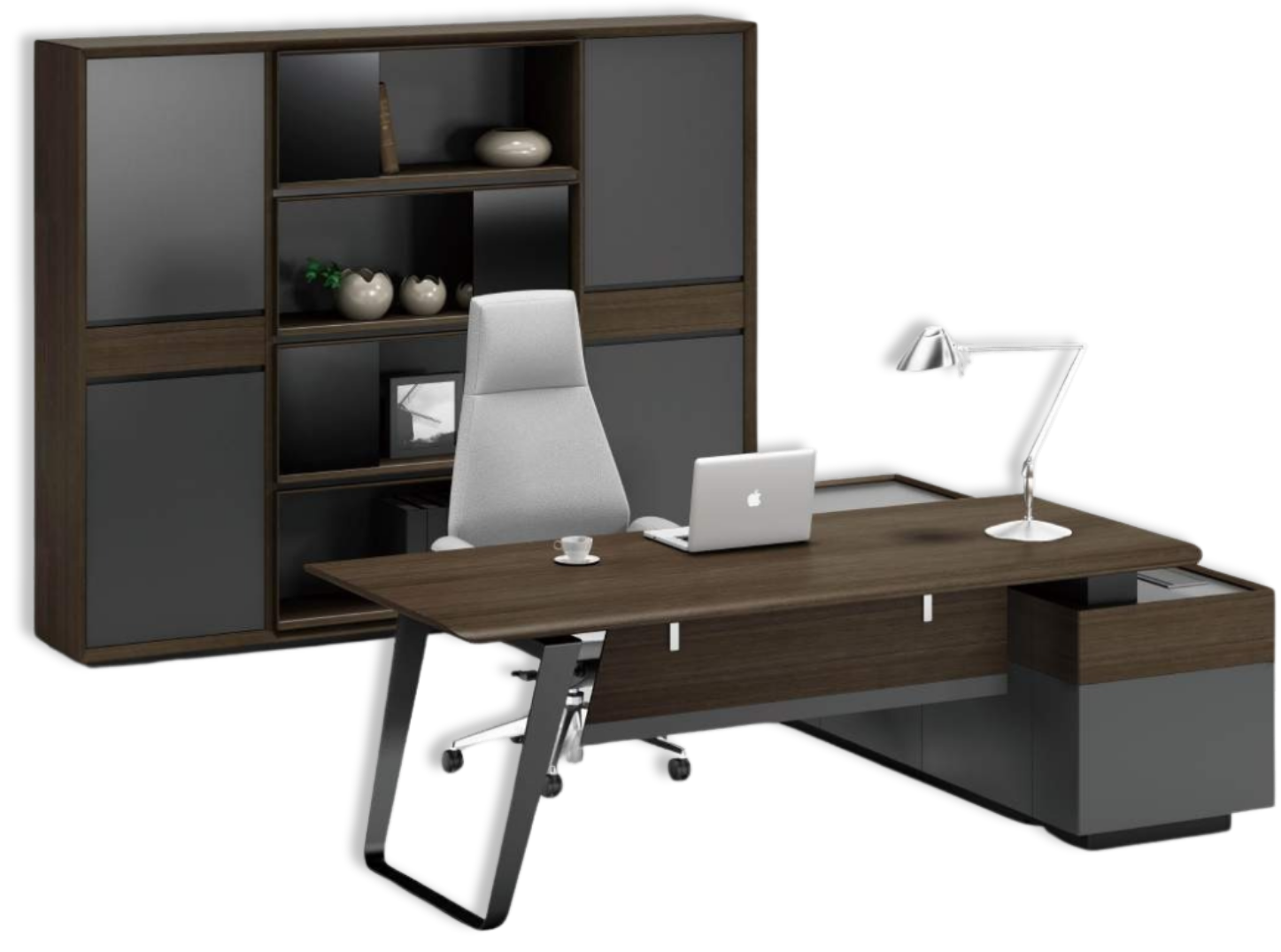 Modern office with a wooden desk, a white ergonomic chair, a laptop, a desk lamp, a coffee cup, and a dark wood bookshelf with decorative items.