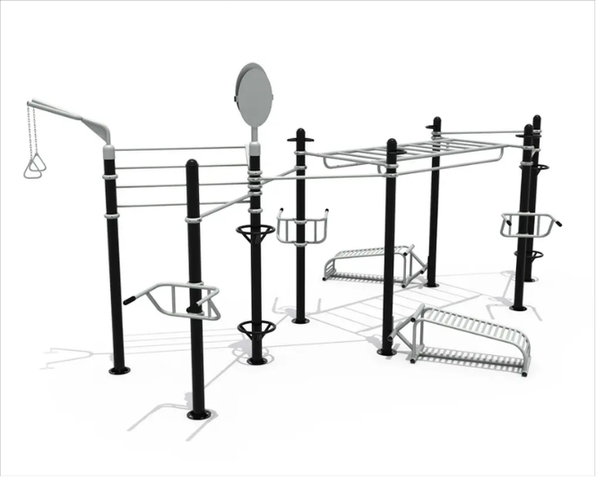 Outdoor fitness playground with climbing structures, balance bars, and ramps.