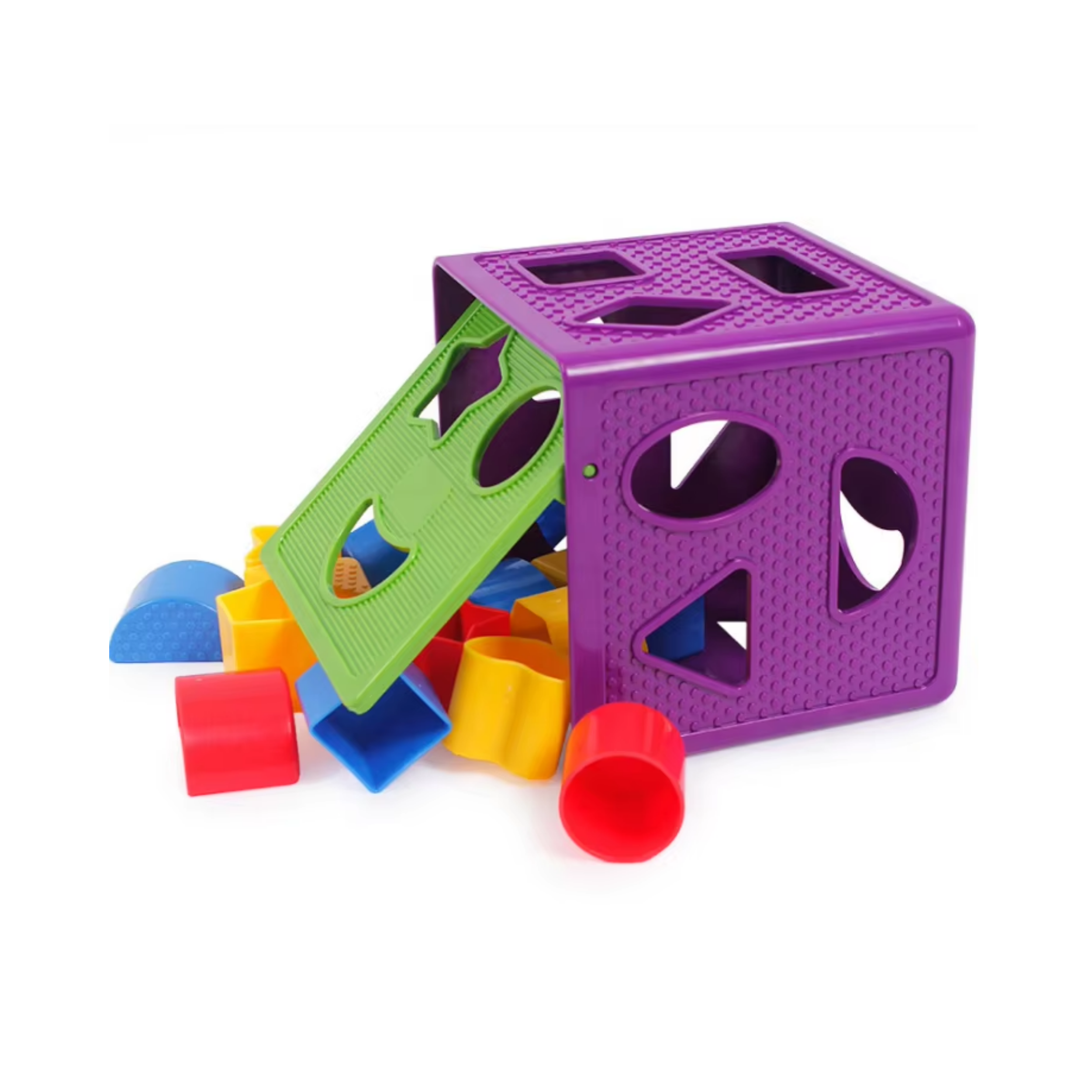 Colorful plastic building blocks assembled into a structure with a purple base, green ramp, and various blocks and balls underneath.