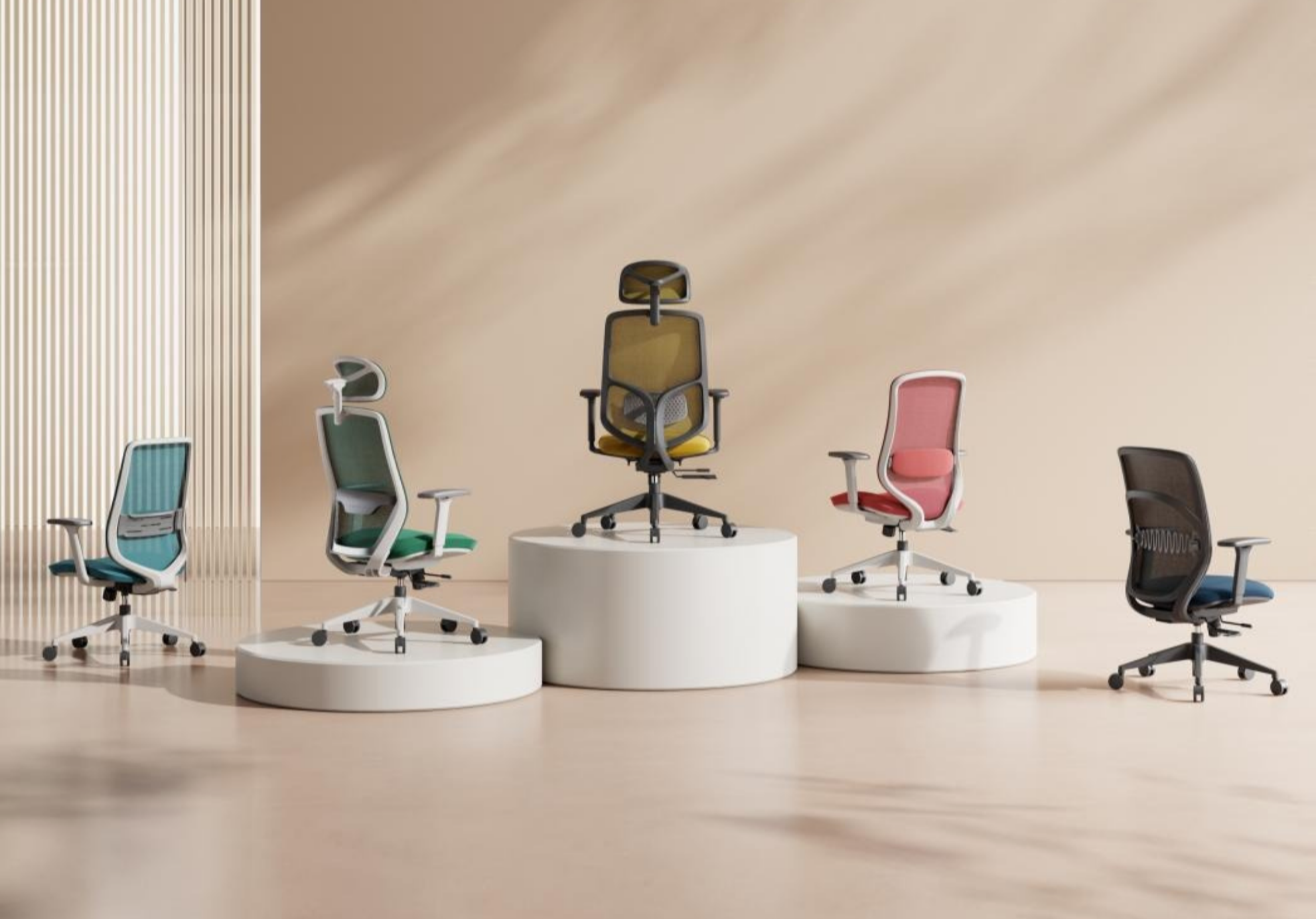 Display of five ergonomic office chairs on white circular platforms against beige background, with a textured wall on the left side.