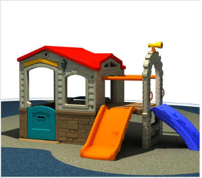 Colorful plastic playground structure with a small house, orange slide, and blue slide on a soft surface