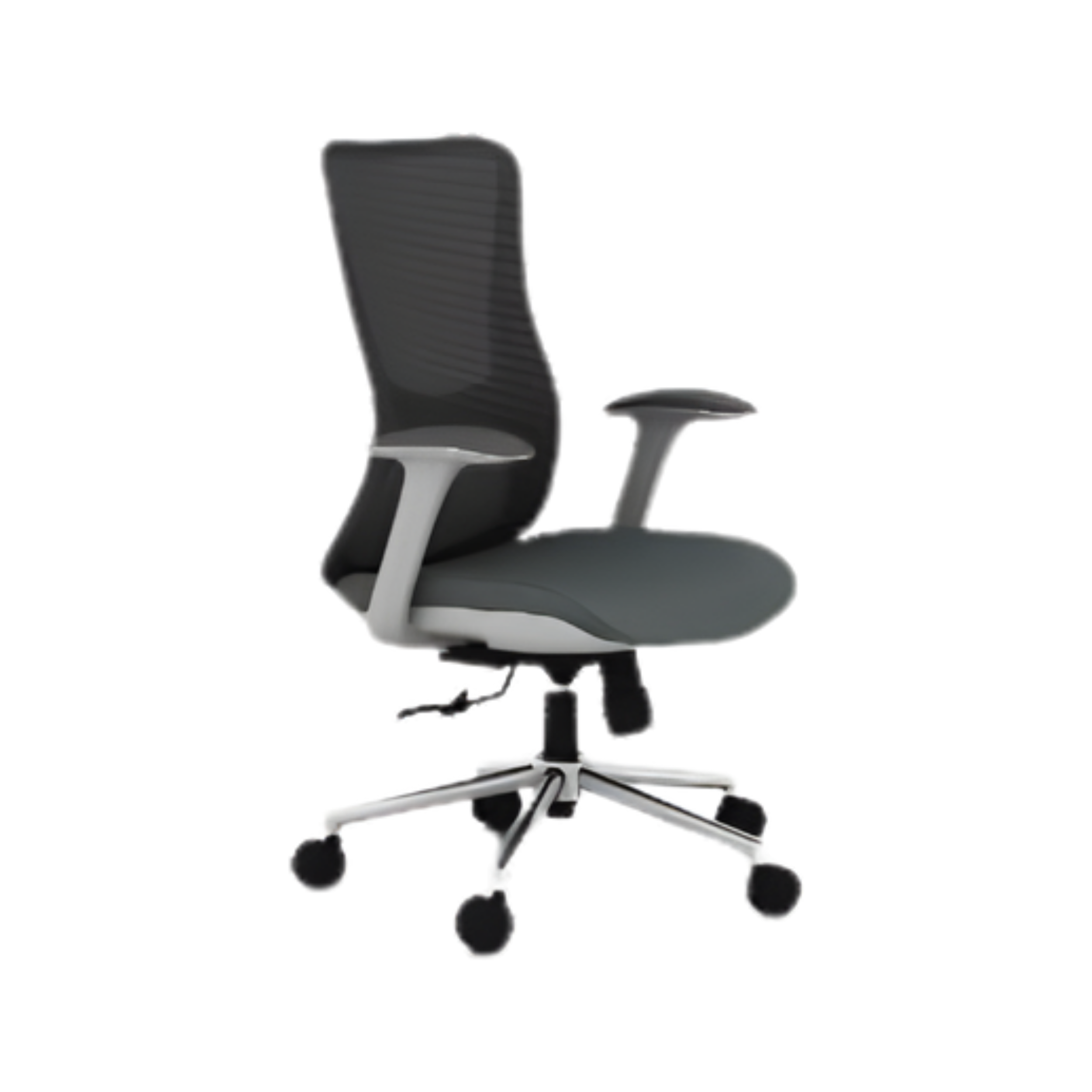 Black ergonomic office chair with adjustable armrests and a wheeled base.