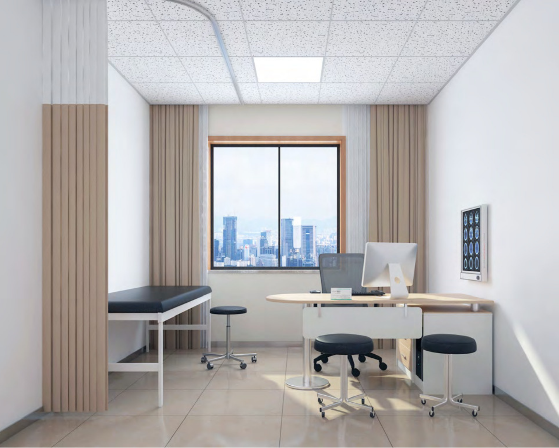 Modern medical office with a window view of a city skyline, examination table, computer on a desk, and stools.