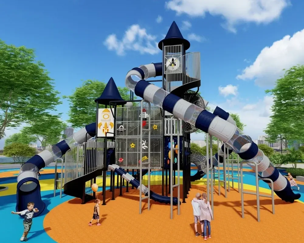 Children playing on a colorful outdoor playground with slides and tunnels, surrounded by trees and a blue sky.