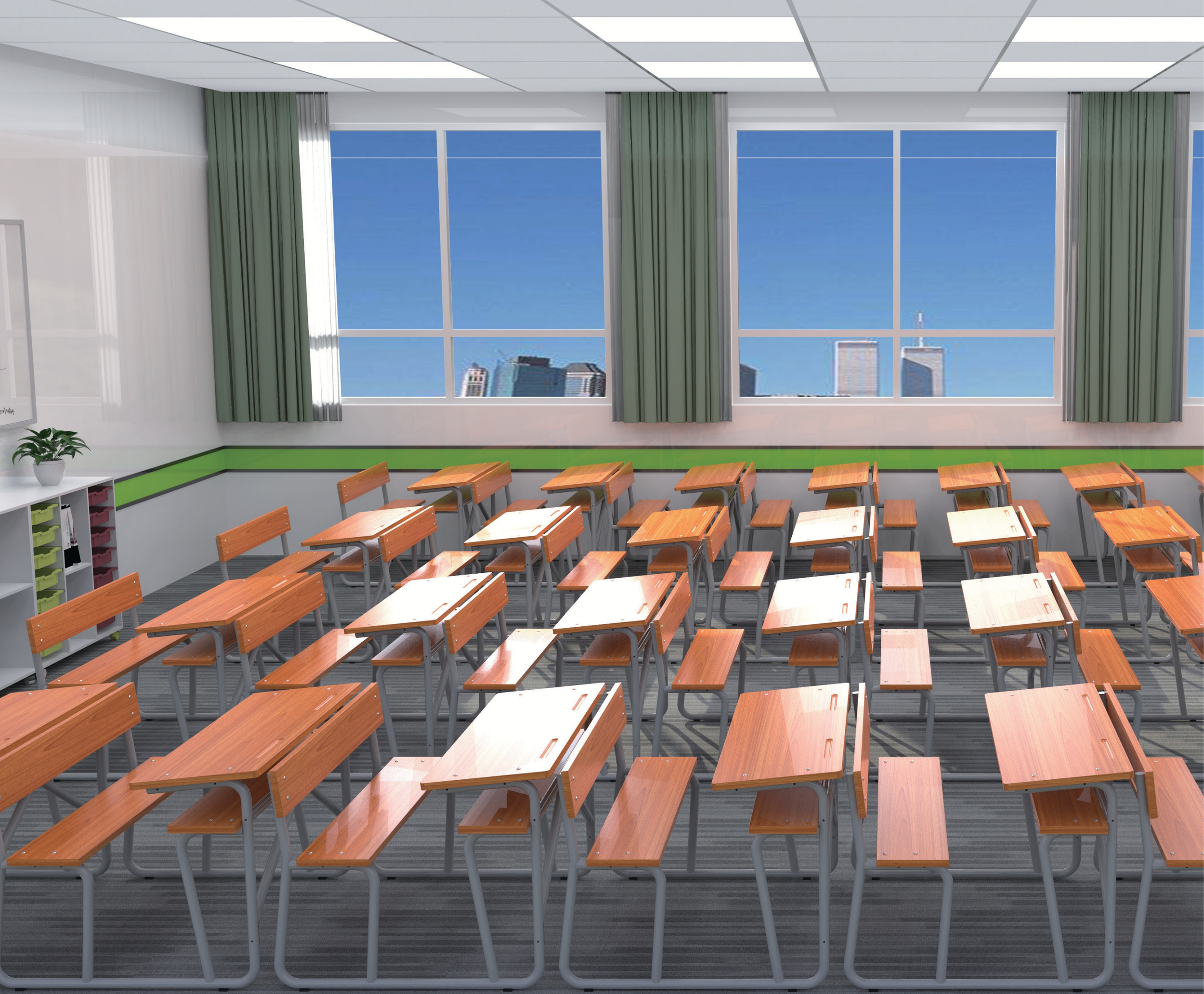 An empty classroom with wooden desks arranged in rows, large windows showing a city skyline, and a whiteboard on the left side.