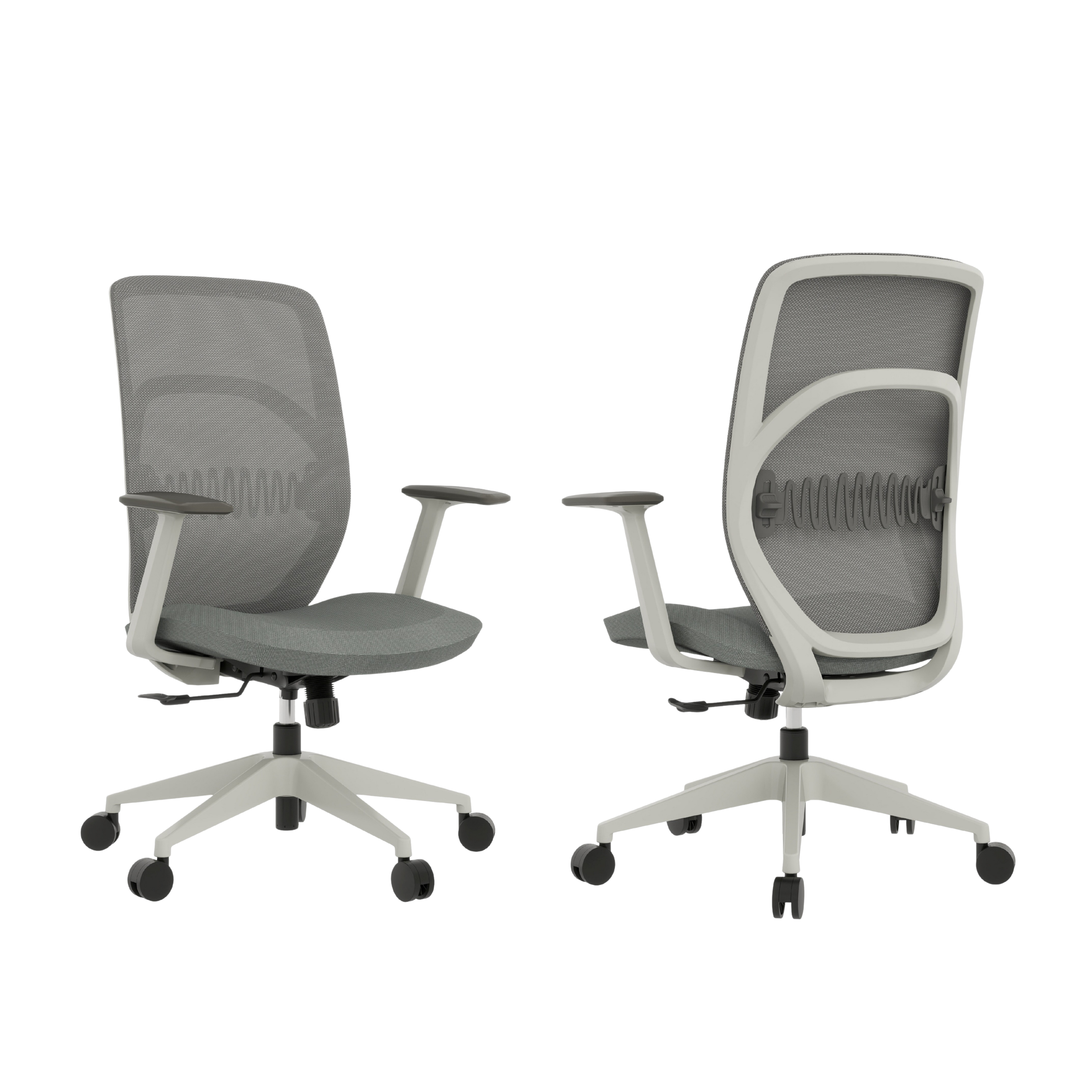 Gray office chair with a mesh backrest and armrests in front of a black background.