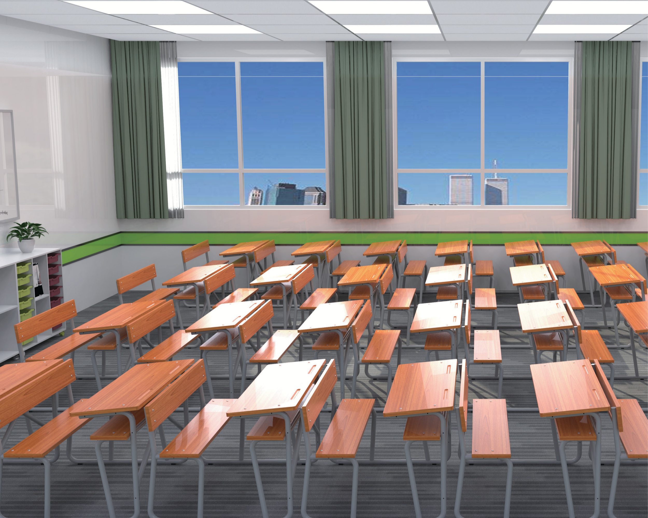 Empty classroom with wooden desks and chairs, large window showing city buildings, and green curtains.