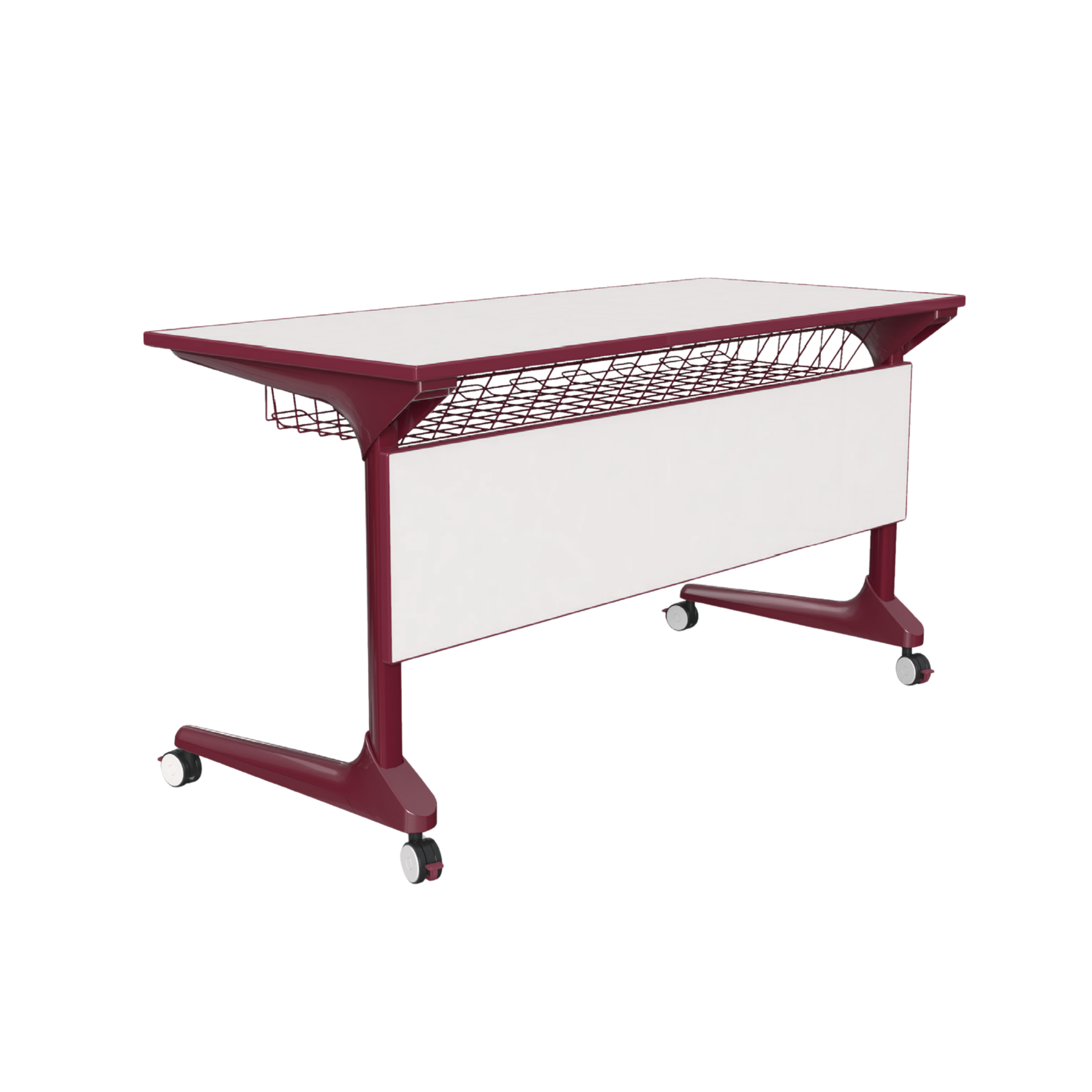A maroon and white rolling cart with a flat surface on top, a wire basket shelf underneath, and four wheels.