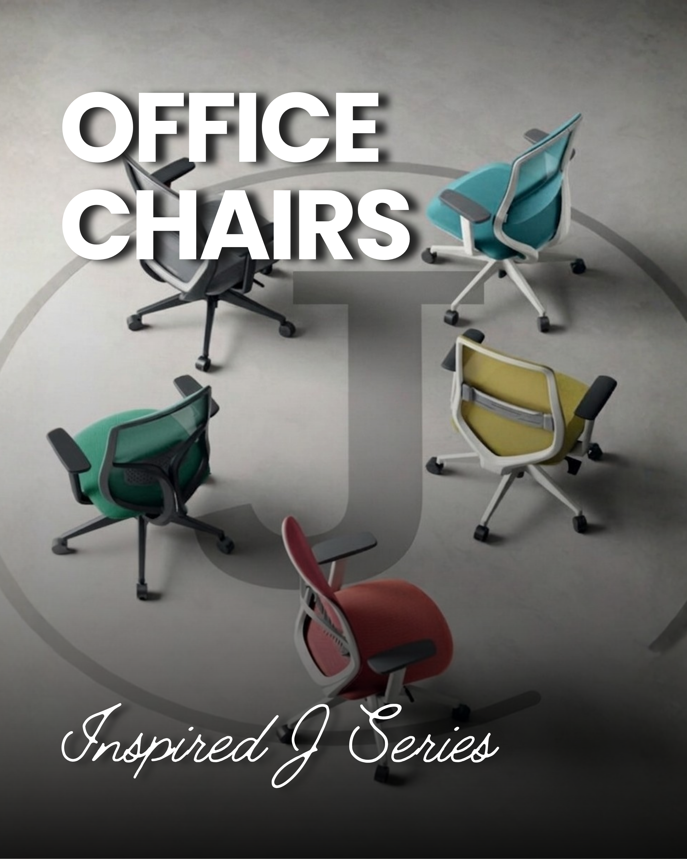 A round table with seven office chairs in various colors around it, seen from above. The chairs are black, green, red, yellow, blue, and white. The background has a faint logo and the words "Inspired J Series" written at the bottom.