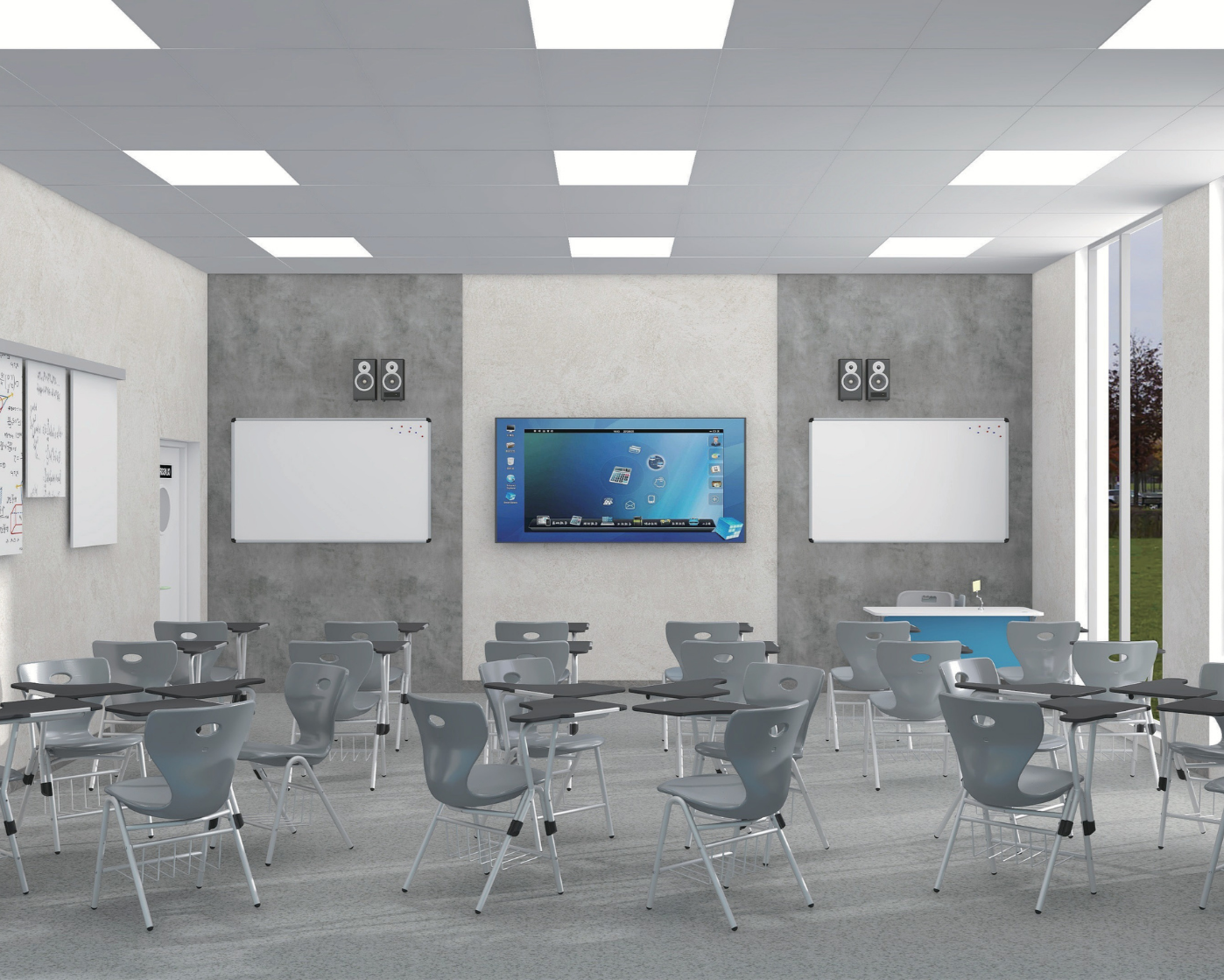 Modern classroom with gray chairs and desks, whiteboards, a large screen, and windows letting in natural light.