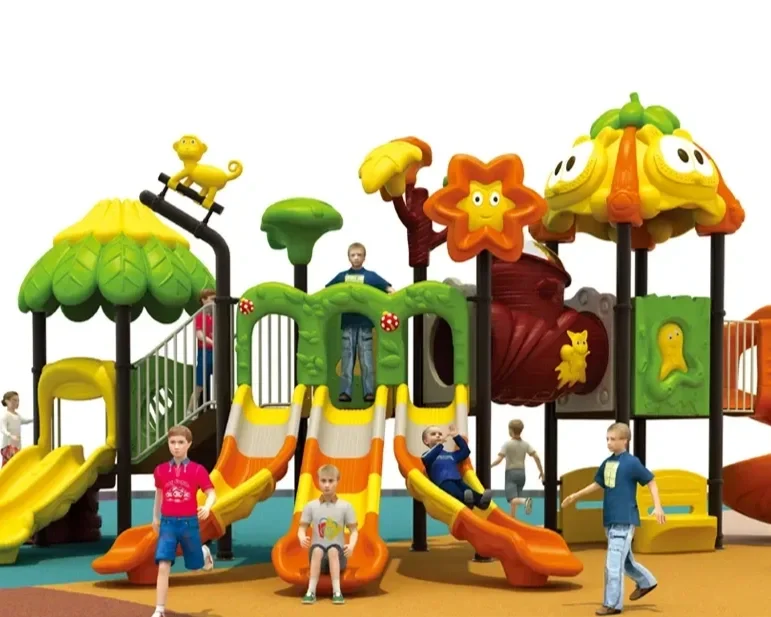 Children playing on colorful playground with slides, climbing structures, and decorative elements like flowers and animals.