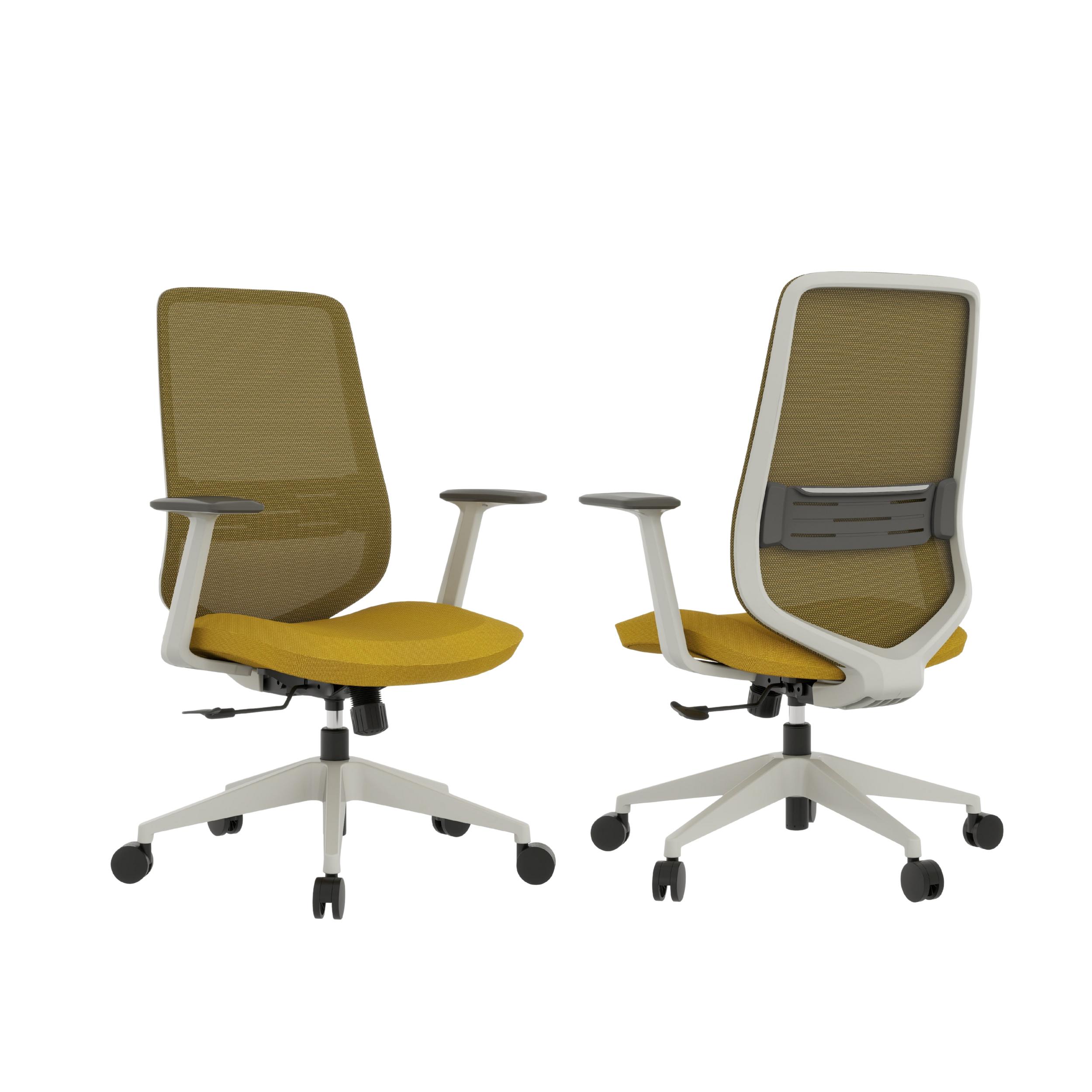 Two office chairs with yellow seats and mesh backs, positioned opposite each other, with black wheels on a black background.